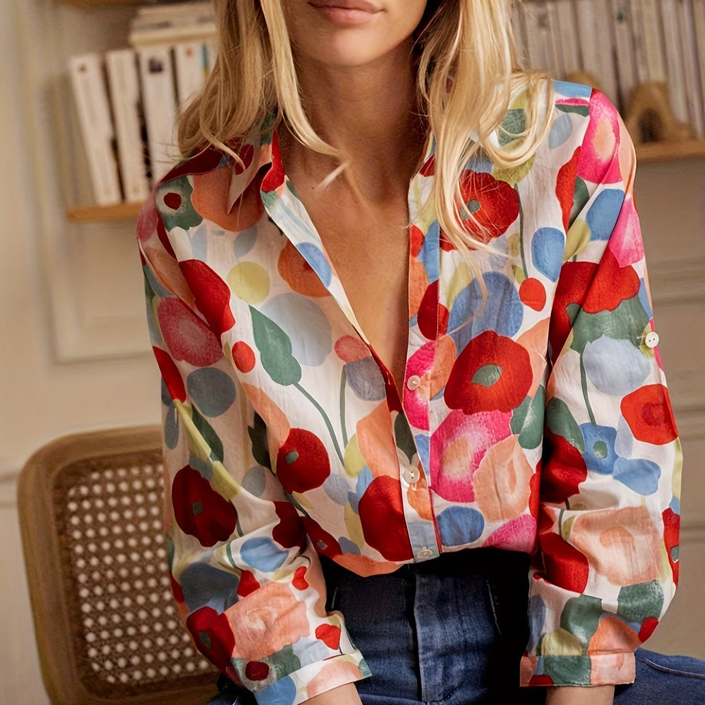 Valenne | Rode bloemenprintblouse voor dames – Top met lange mouwen en knopen voor casual en werk