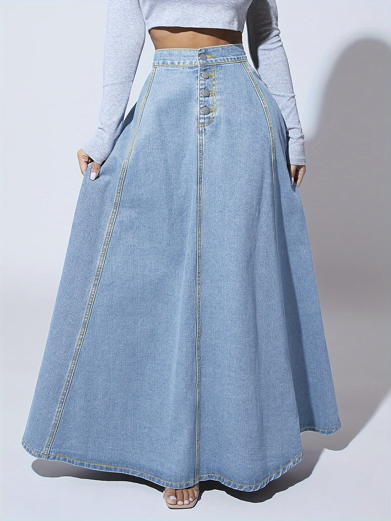 Melina | Hoog uitlopende enkelvoudige geruite maxi flare denim rok