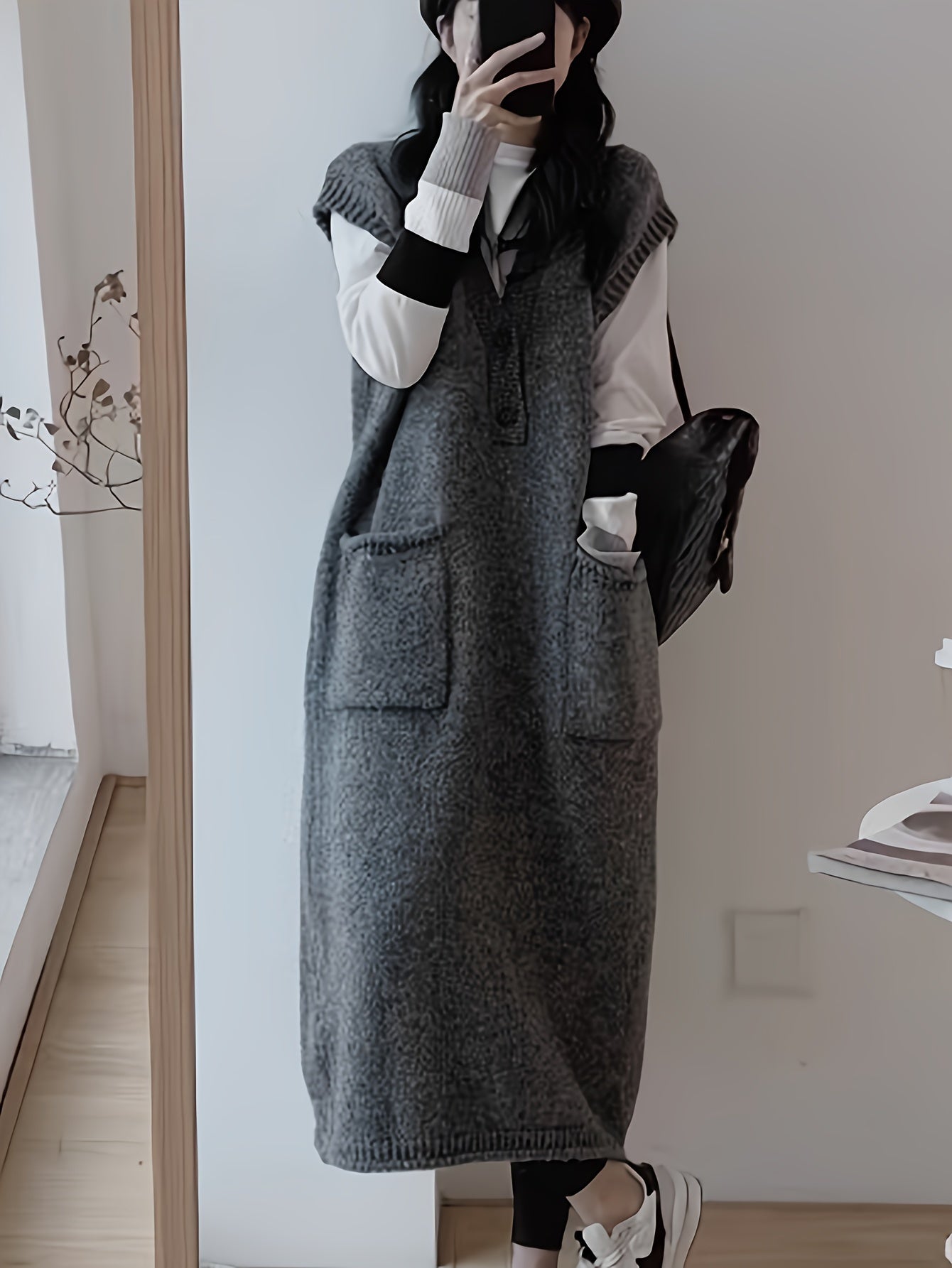 Rylthia | Mouwloze Gebreide Midi Jurk met Zakjes – Layering Tankjurk, Zachte Stretch Knit