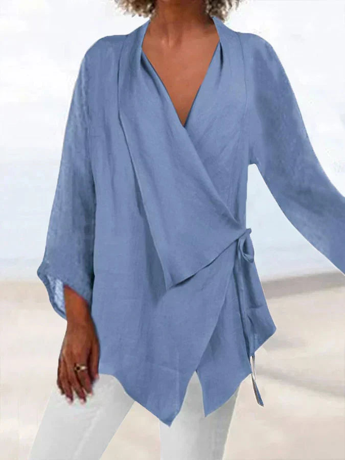 Eona | Dames blouse van katoen en linnen met veterdetail – casual ademende zomershirt