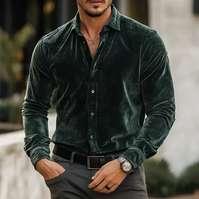 Surge | Men’s Velvet Button-Up Blouse Shirt, Soft Luxe Velvet Top, Long Sleeve Evening & Smart Casual