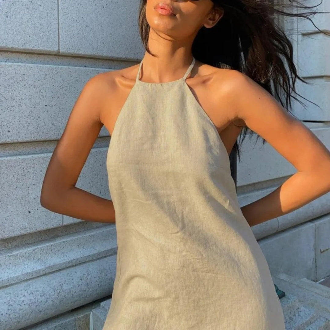 Helina | Mini-jurk met halternek voor dames – Mouwloze, zomerse, casual outfit van linnen