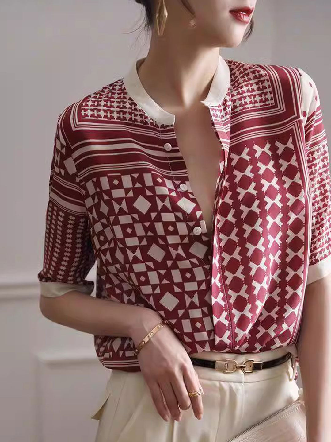 Zulema | Dameshemd met geometrische abstracte print - 3/4 mouwen, lichtgewicht blouse