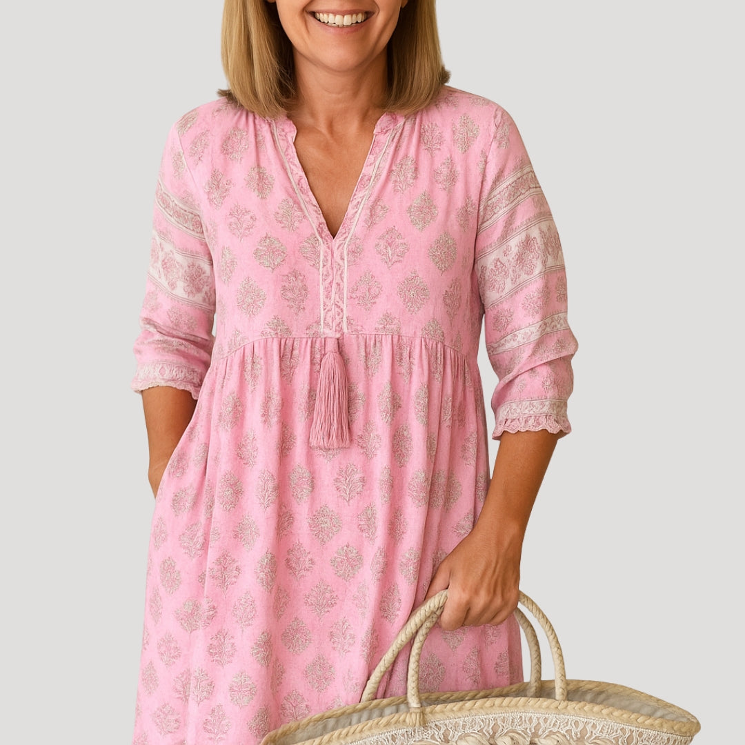 Rosaleth | Vloeiende boho midi-jurk voor dames – Zomerse strandjurk met zakken