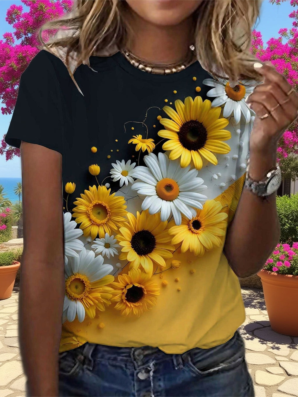 Nyzirelen | Dames-T-shirt met zonnebloemenprint – Casual zomertop met ronde hals