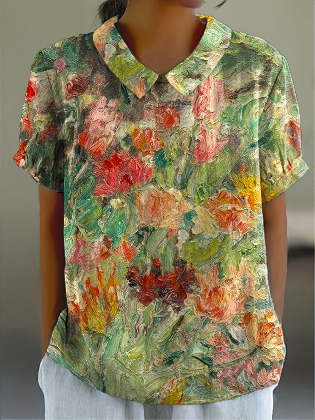 Denira | Vintage bloemenprintshirt voor dames – Casual blouse met korte mouwen, knoopsluiting en kraag