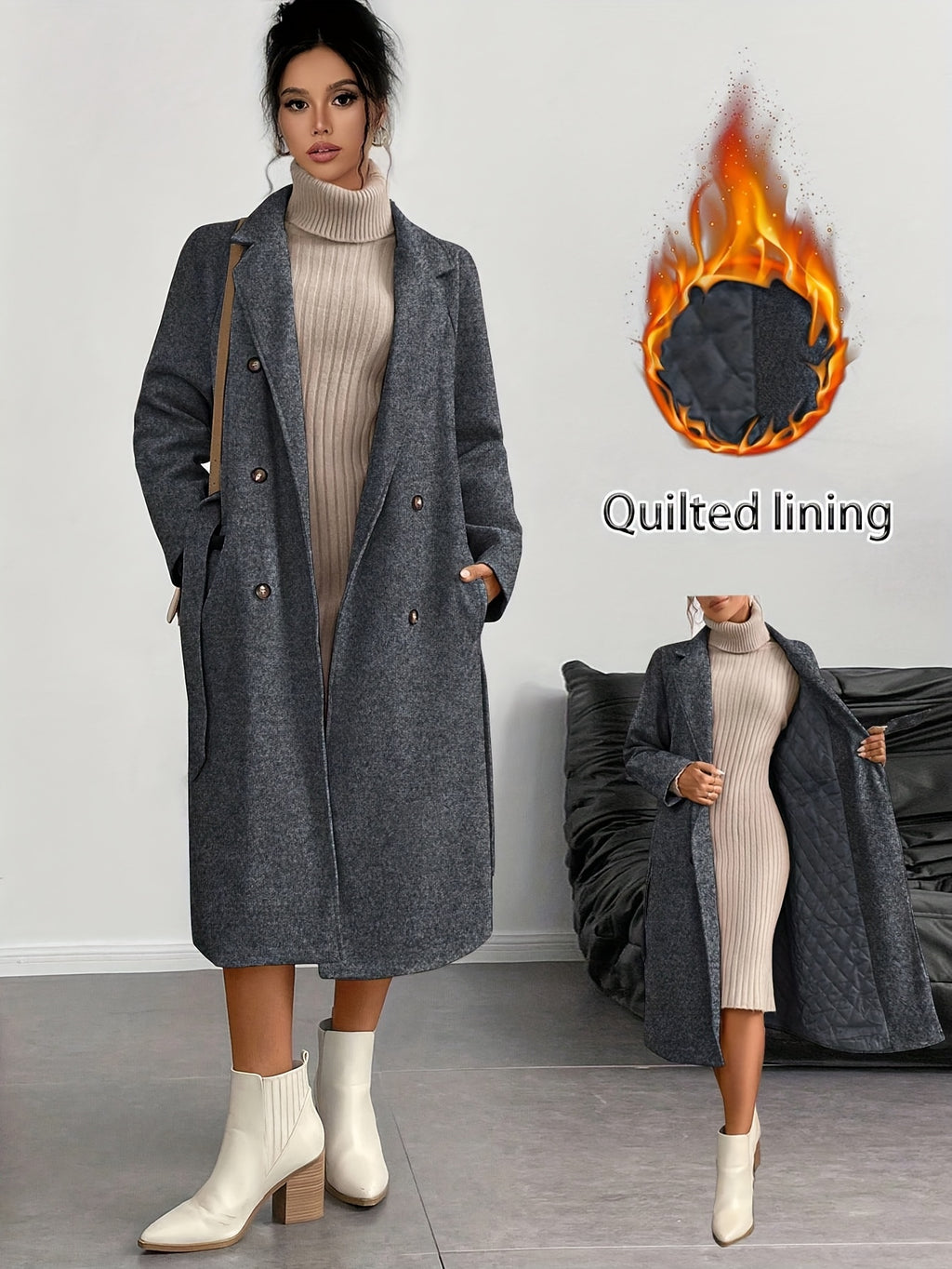 Anikael | Dubbele rij knopen lange jas met riem, tweed, reverskraag, gewatteerde voering