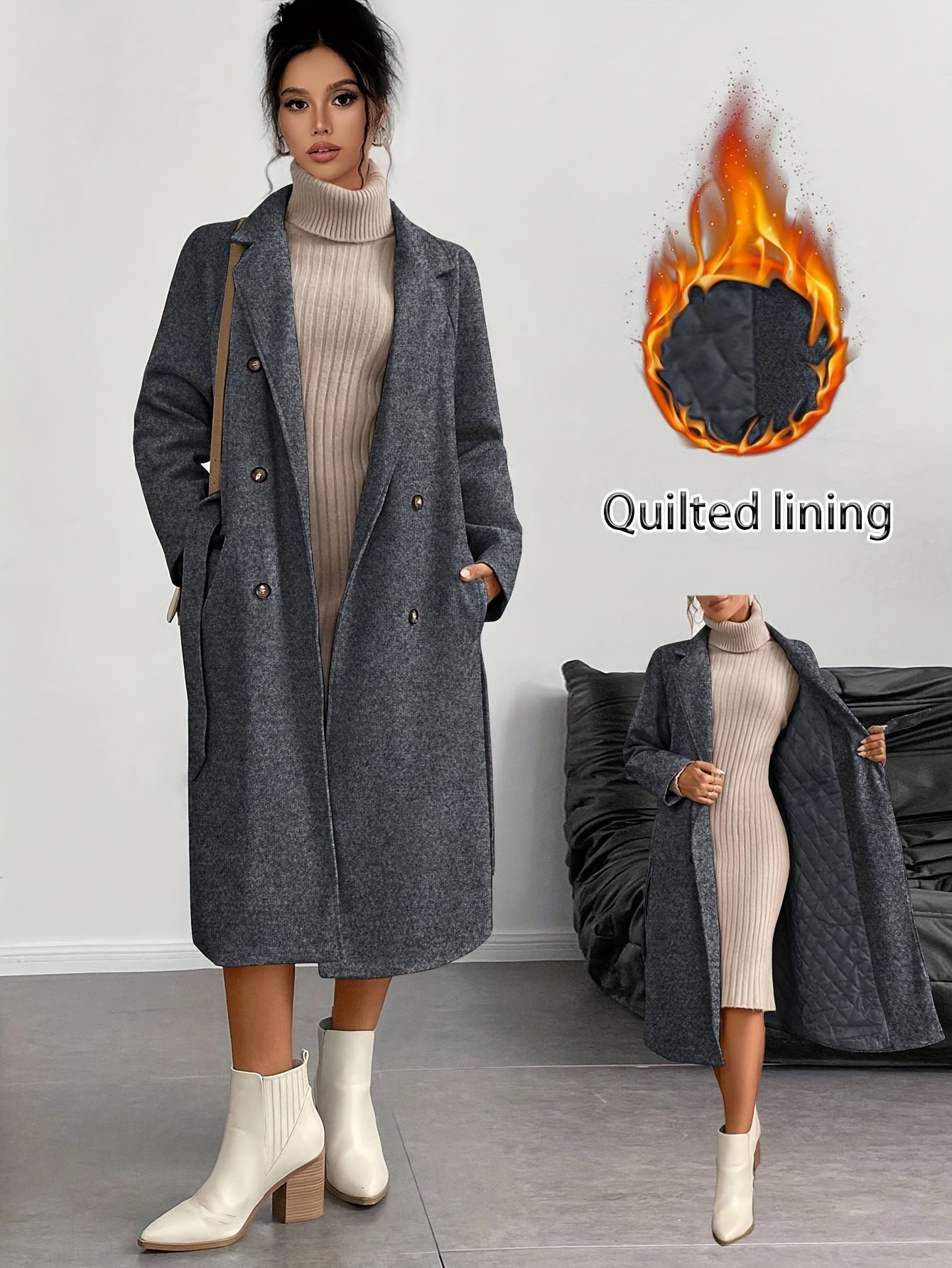 Anikael | Dubbele rij knopen lange jas met riem, tweed, reverskraag, gewatteerde voering