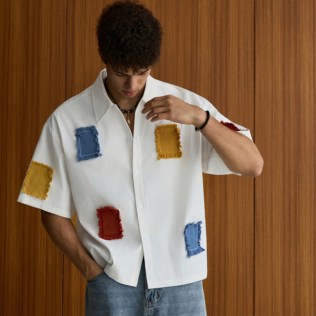 Dren | Zomerhemd voor heren met patchwork – Casual model met korte mouwen en reverskraag