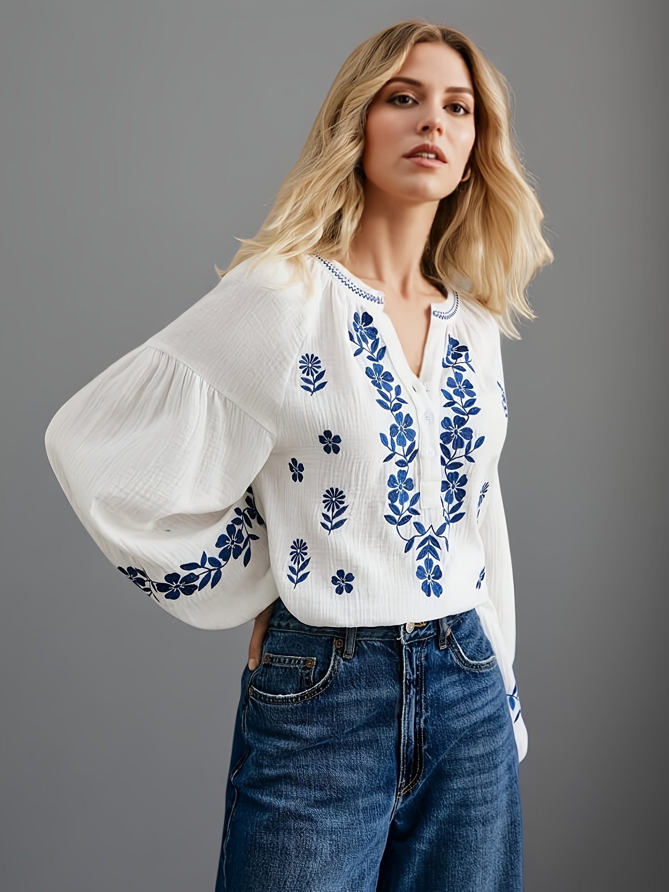 Helya | Lichtgewicht geborduurd etnisch dameshemd – casual blouse met lange mouwen