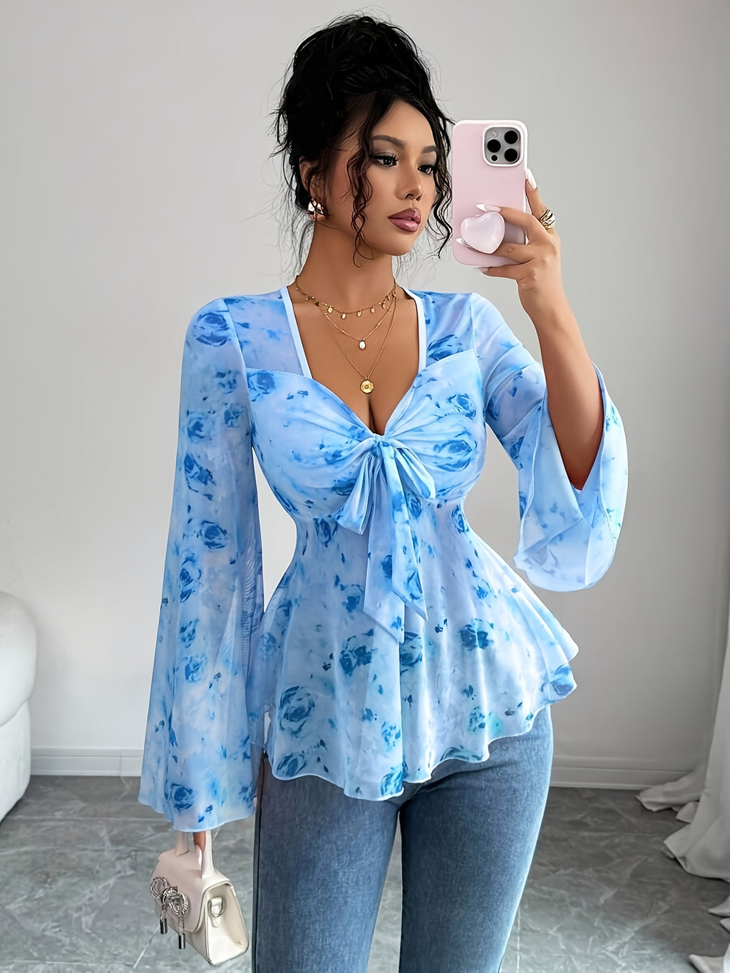 Elvarisen | Dames-top van doorschijnend mesh met bloemenprint – Elegant casual T-shirt