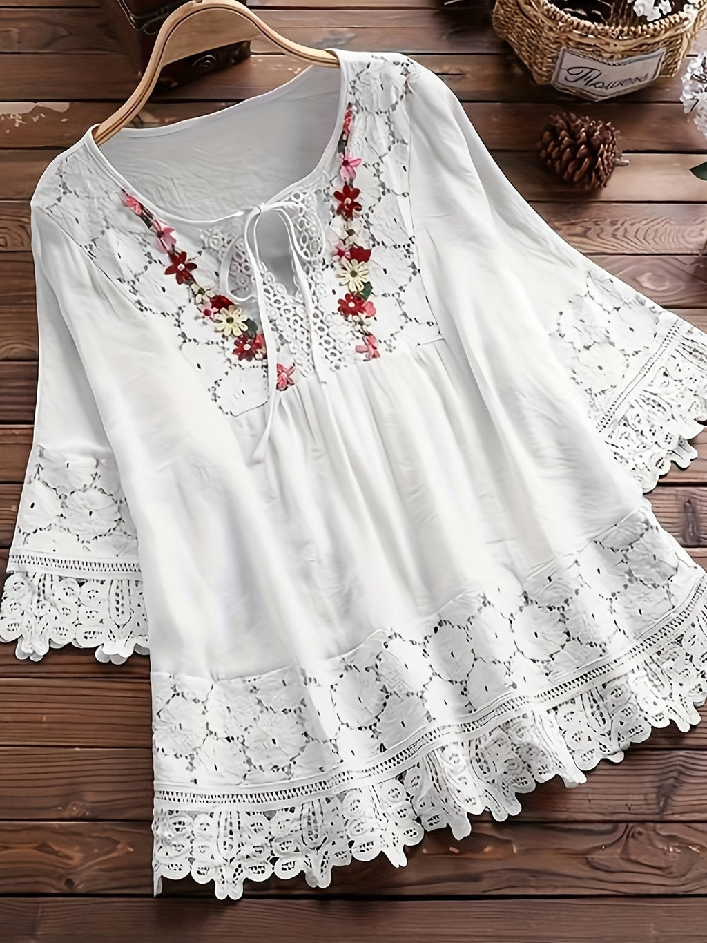 Elarona | Damesblouse met kanten patchwork – Lente/zomer-top met lange mouwen