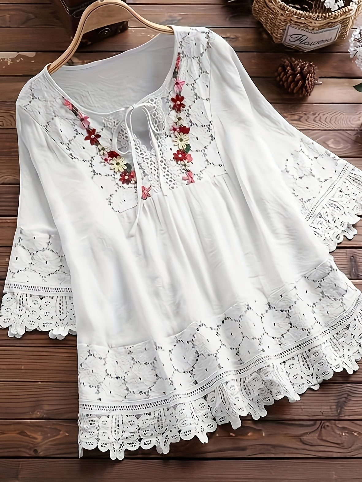 Elarona | Damesblouse met kanten patchwork – Lente/zomer-top met lange mouwen