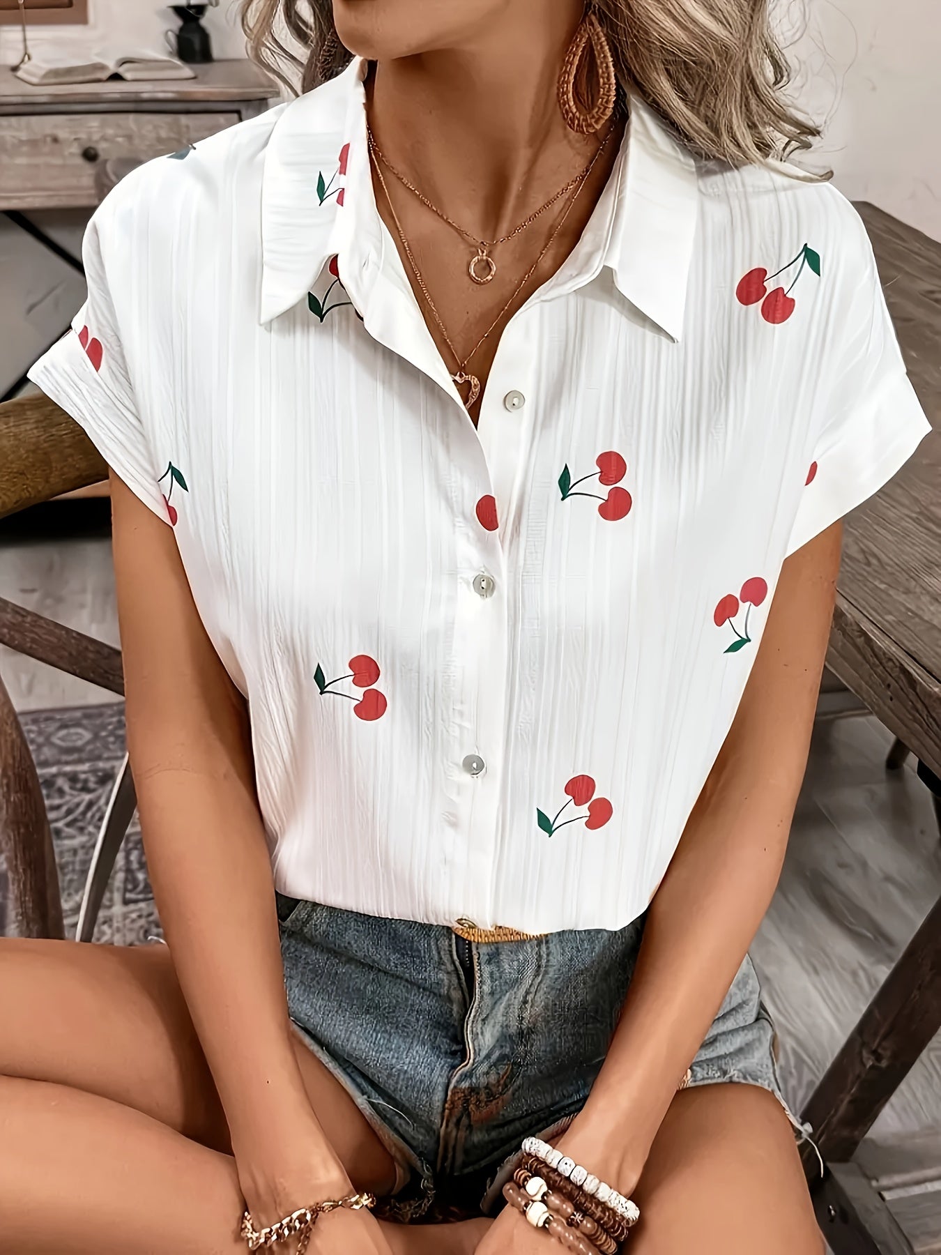 Azmara | Damesblouse met kersenprint – Overhemd met korte mouwen en knoopsluiting