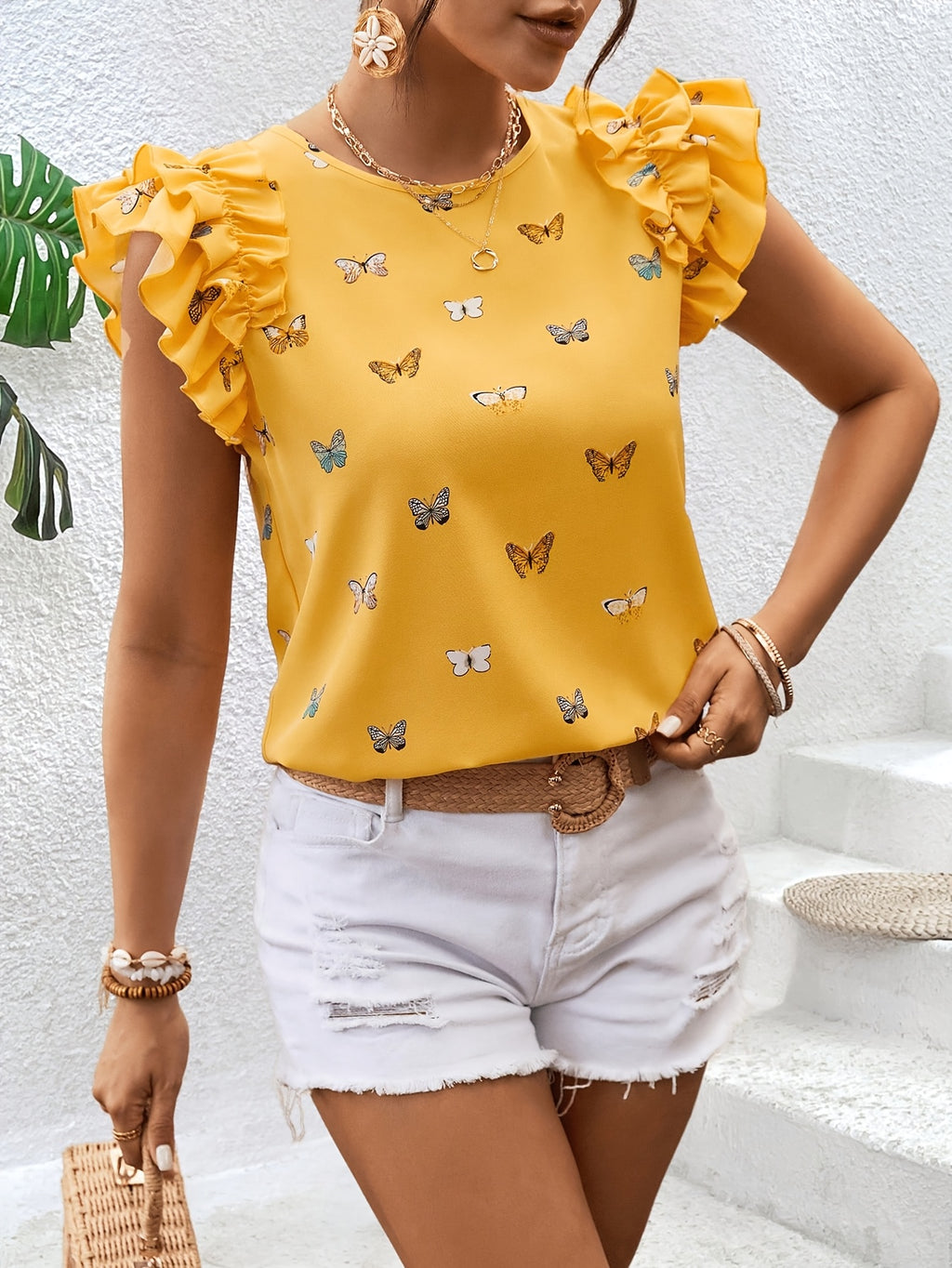 Islyn | Vakantietop voor dames – Elegante blouse met vlinderprint en ruches aan de mouwen