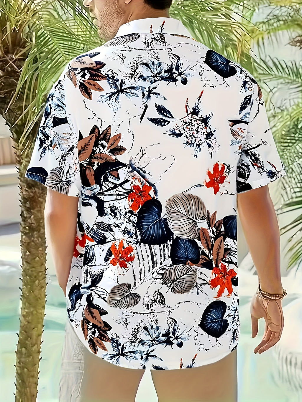 Geno | Heren bladprint overhemd – korte mouwen vakantie shirt