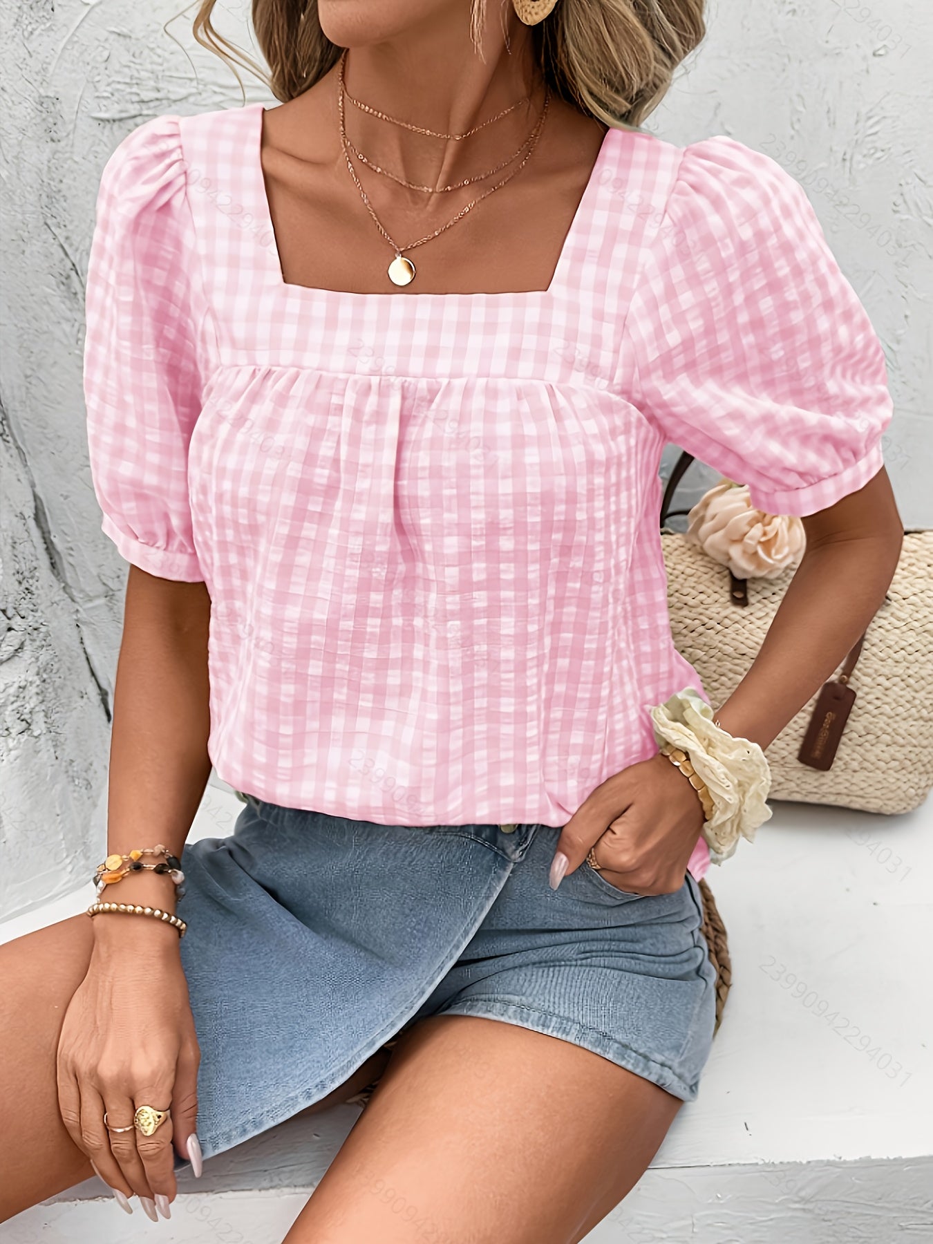 Orlyraen | Damesblouse met geruite print en vierkante hals – Casual blouse met korte mouwen
