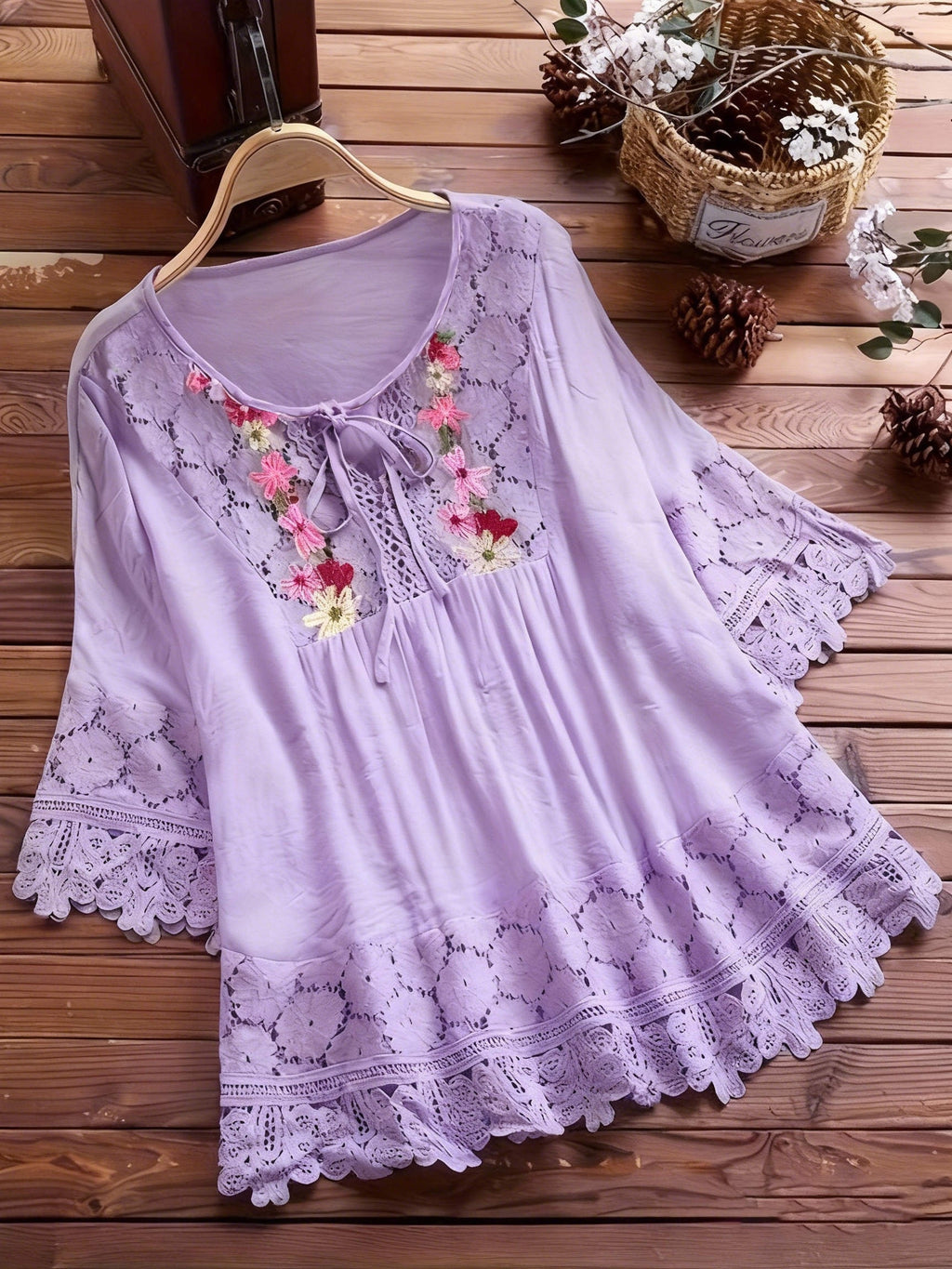 Elarona | Damesblouse met kanten patchwork – Lente/zomer-top met lange mouwen