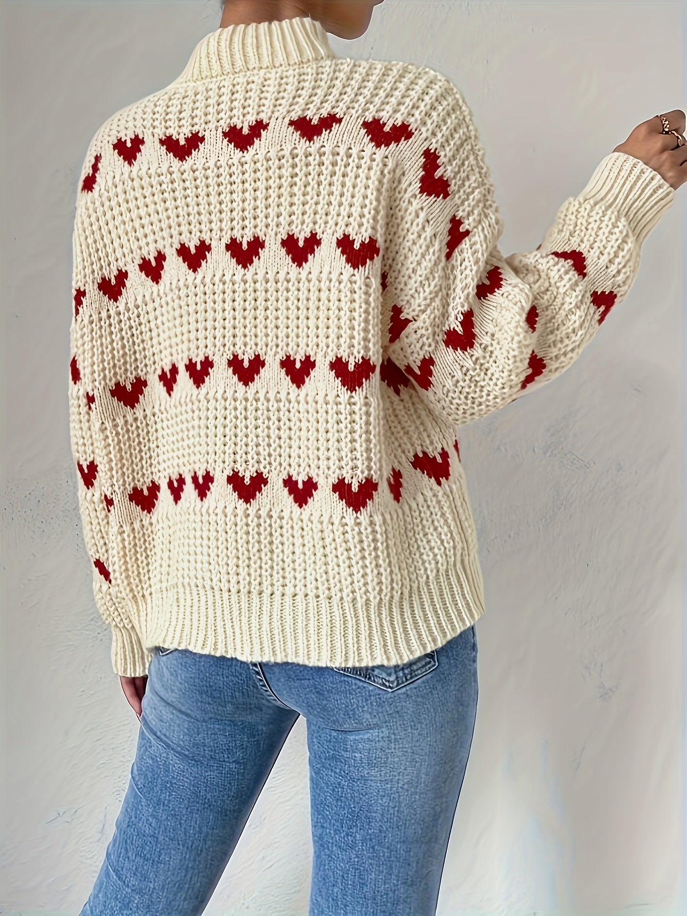 Irindra | Pull en maille à motif cœur - Col montant, manches longues, idéal pour une tenue décontractée automne-hiver 