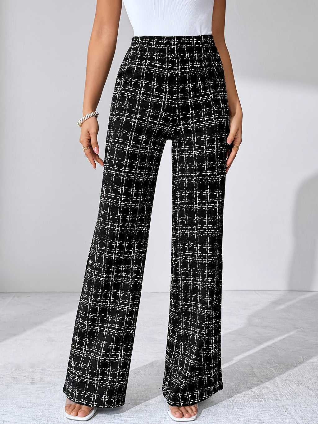 Laverna | Pantalon évasé en tweed à carreaux taille haute pour femme – Pantalon décontracté et extensible à jambes larges