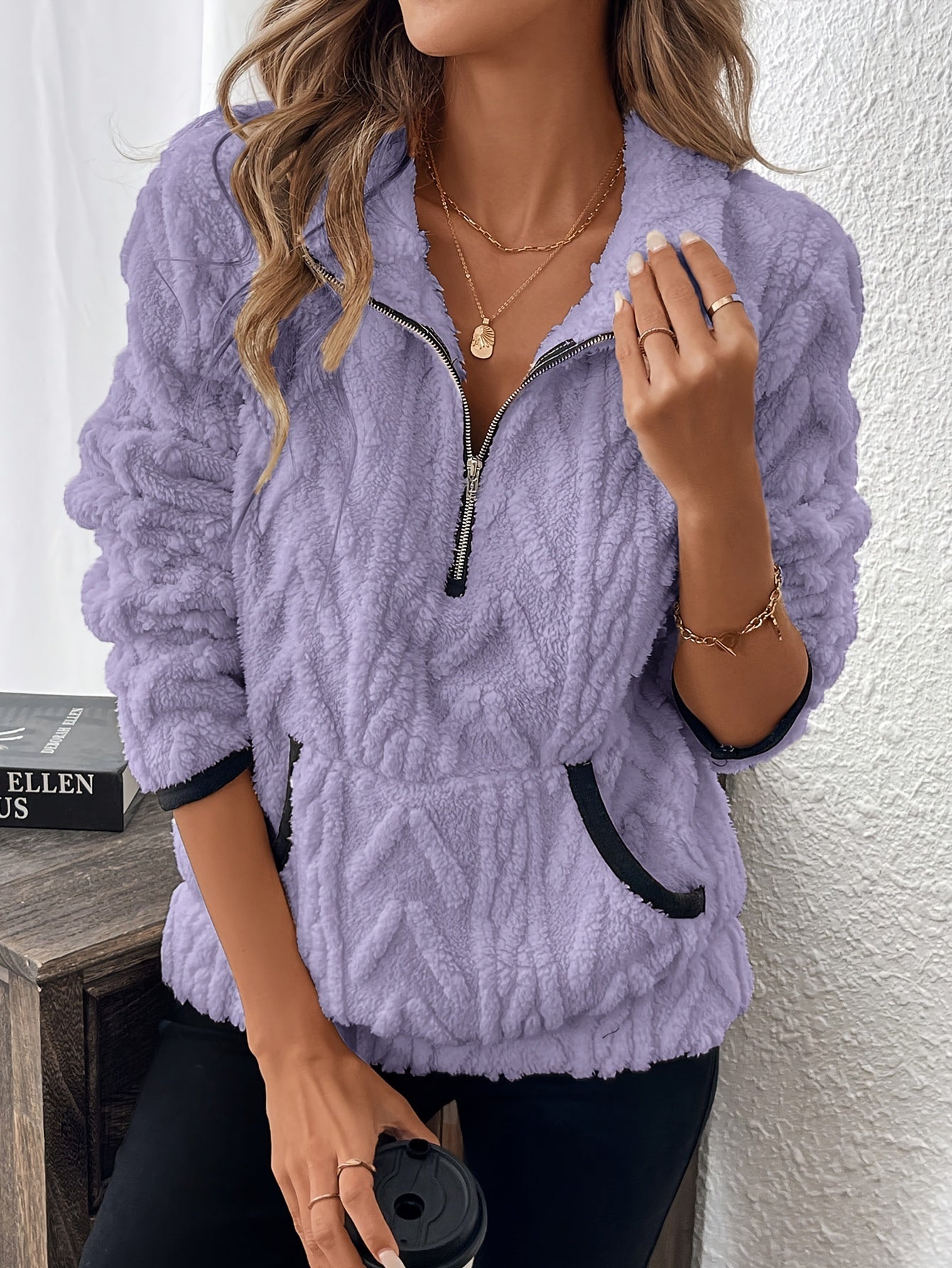 Evodia | Damen-Sweatshirt aus flauschigem Stoff, Pullover mit halbem Reißverschluss, lässiges und bequemes Langarmshirt