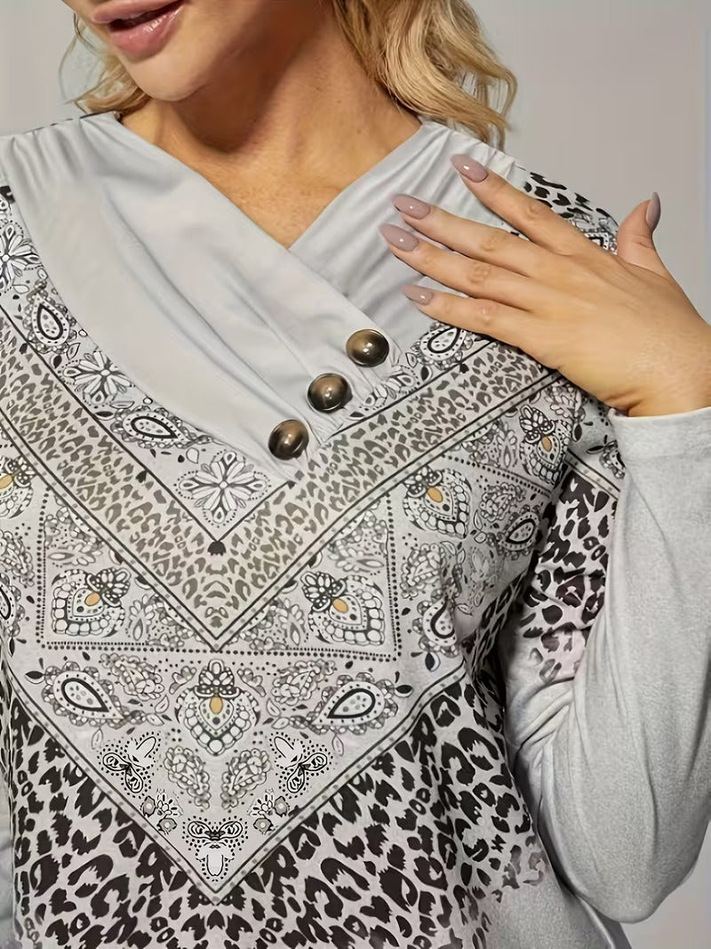 Delsa | Damesblouse met etnische print en 3/4 mouwen – Boho casual blouse
