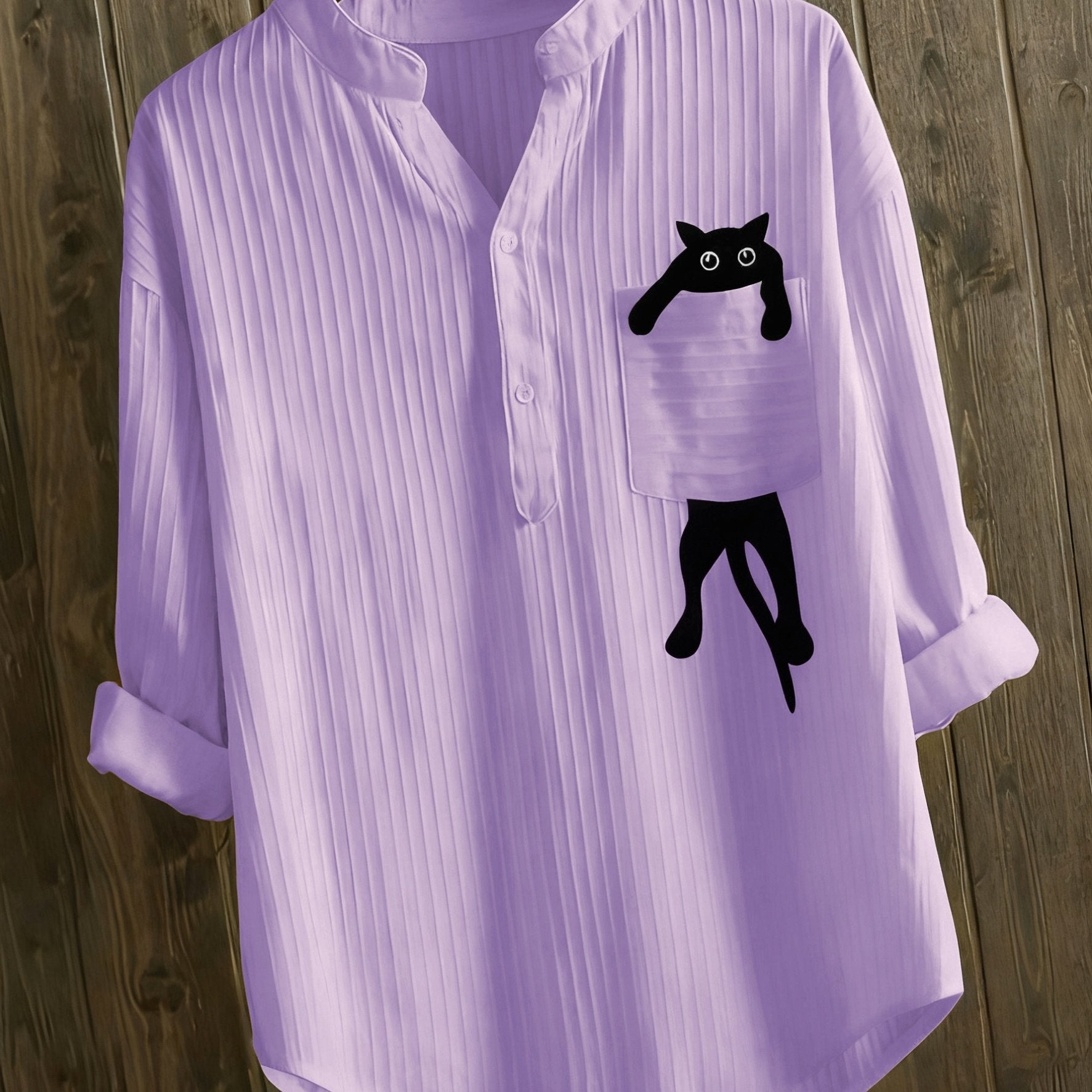 Elziraelen | Damesblouse met geborduurde kat op de zak – puur witte casual blouse met opstaande kraag