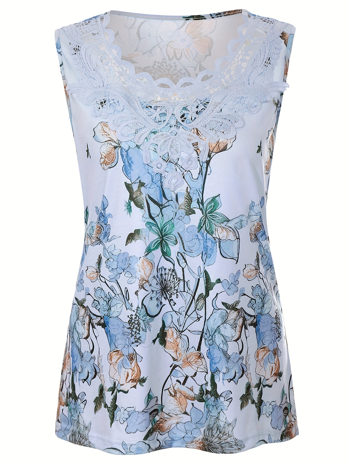 Iravina | Dames-T-shirt met bloemenprint en patchwork van kant, ronde hals, mouwloos