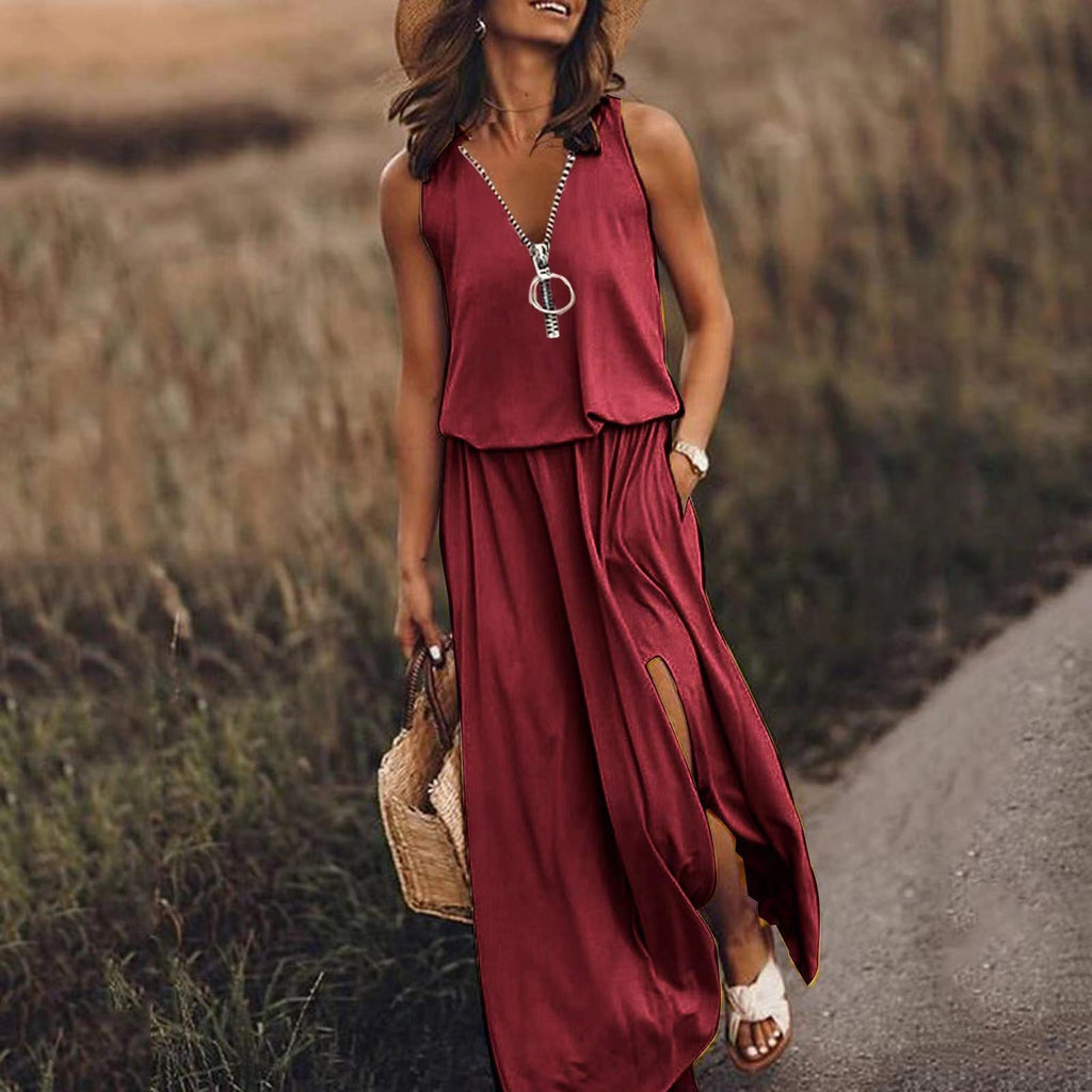 Avyelle | Dames Vloeiende Maxi-jurk – Mouwloze Casual Zomerjurk met Halve Rits
