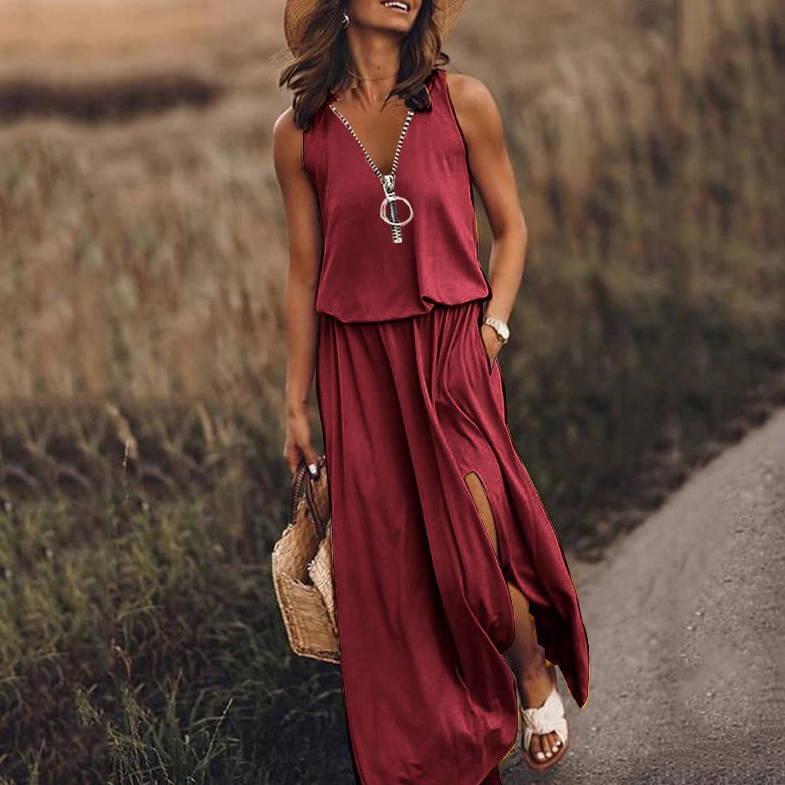 Avyelle | Dames Vloeiende Maxi-jurk – Mouwloze Casual Zomerjurk met Halve Rits