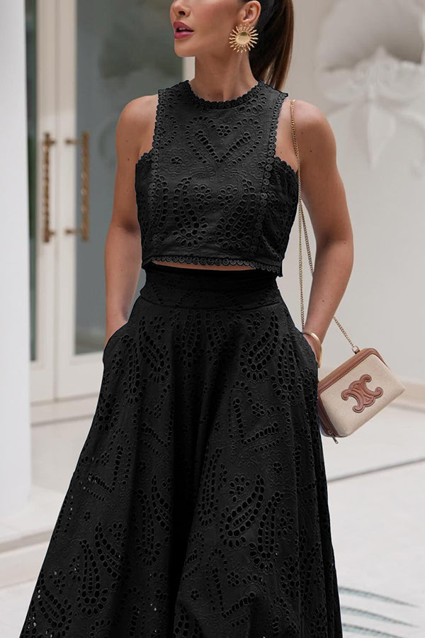 Jexinae | Elegante 2-delige dames set – Mouwloze geborduurde crop top & soepelvallende wijde broek