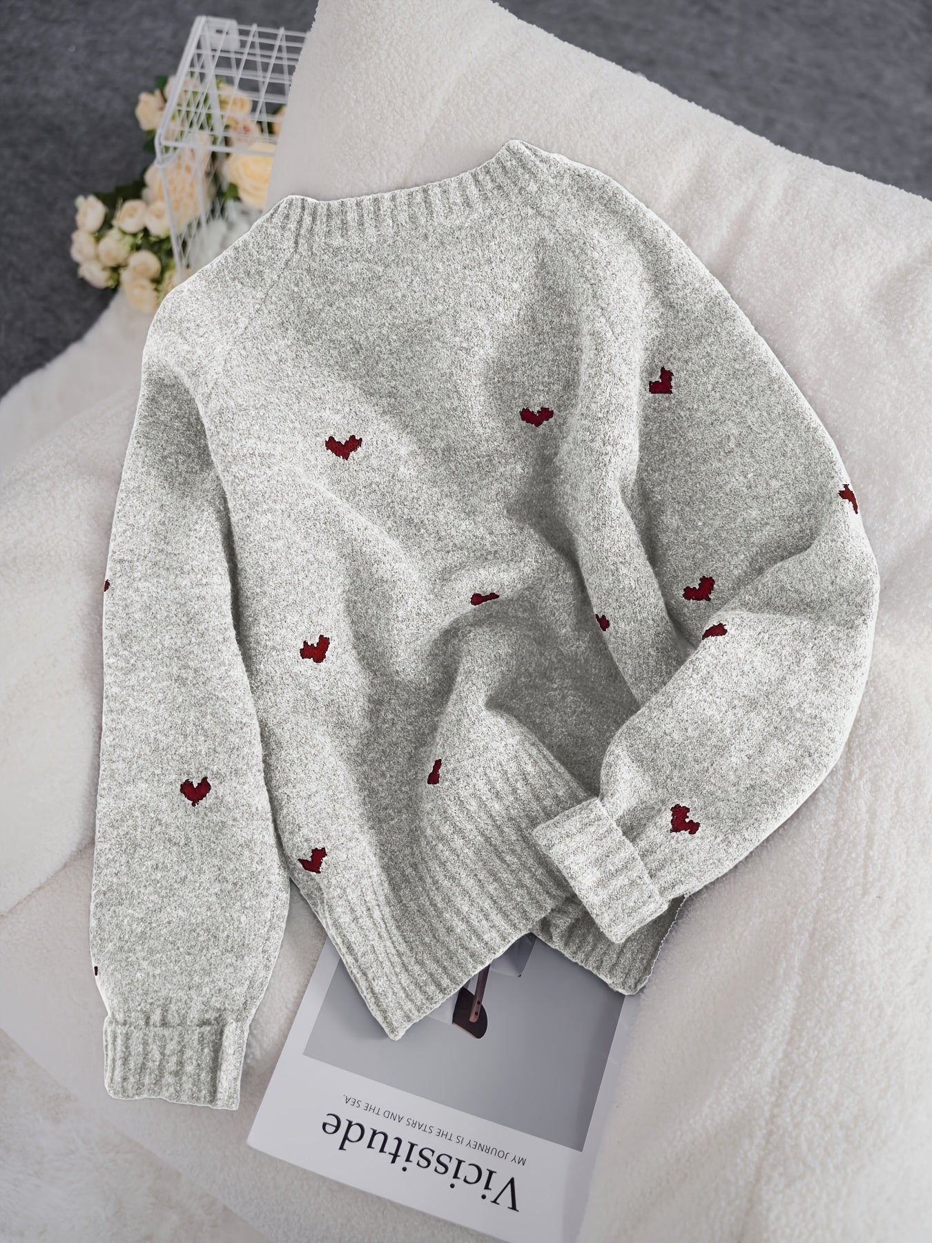 Solenne | Dames trui met hartjespatroon – Minimalistische gebreide pullover, ronde hals, losse pasvorm