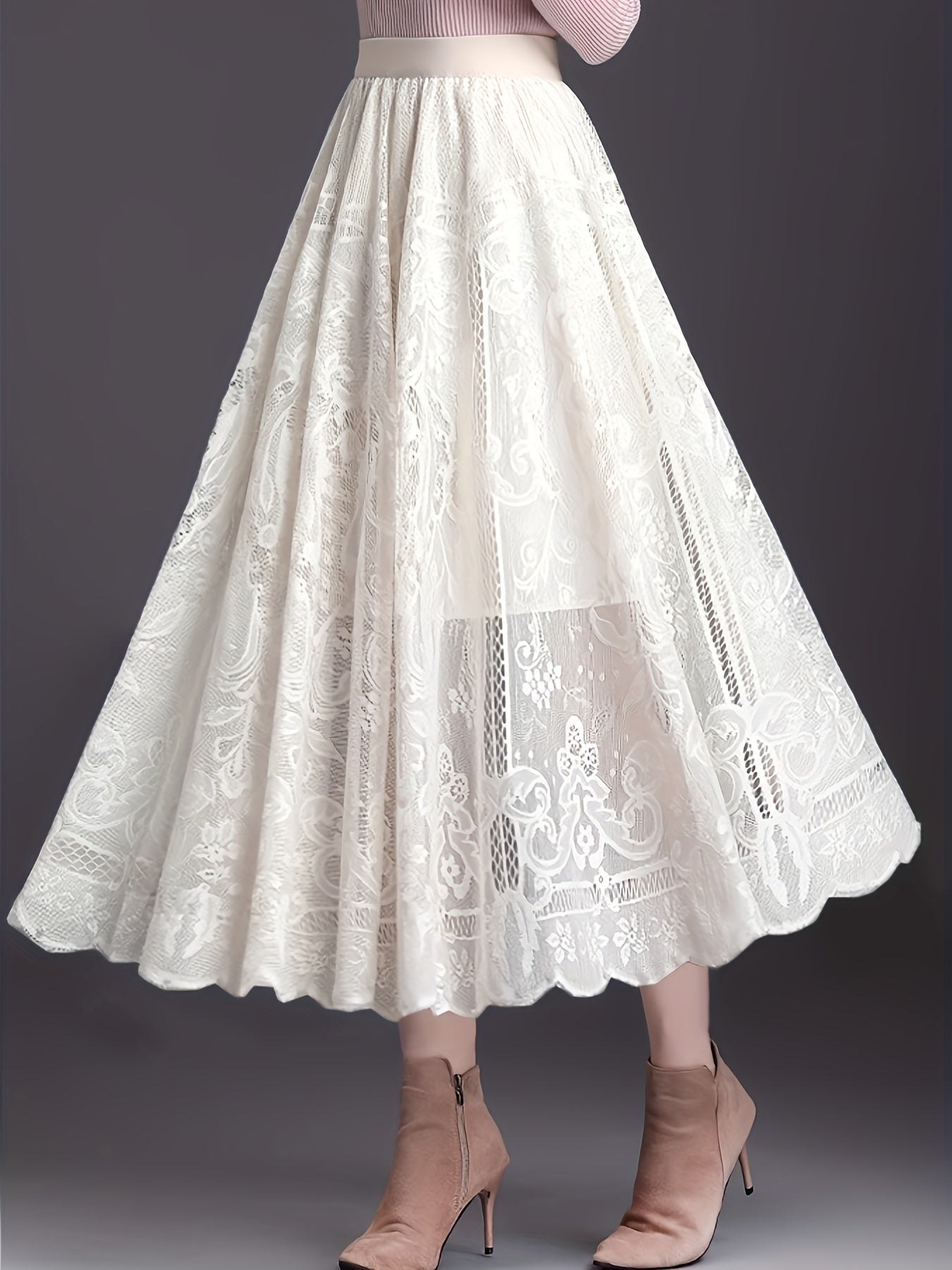 Gisla | Elegante A-lijn rok met kant - holle schulprand, casual midi-rok voor vrouwen