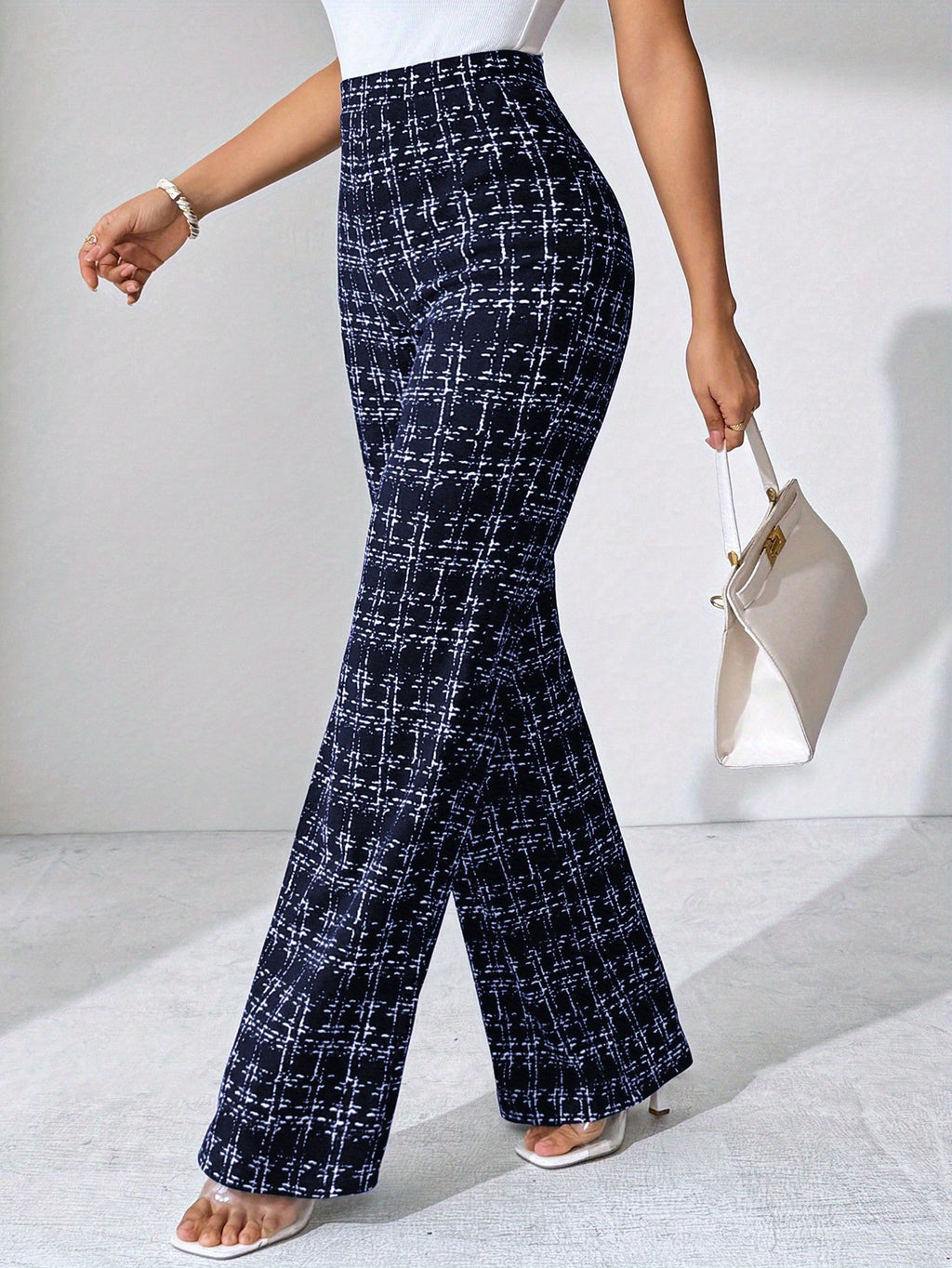 Laverna | Pantalon évasé en tweed à carreaux taille haute pour femme – Pantalon décontracté et extensible à jambes larges