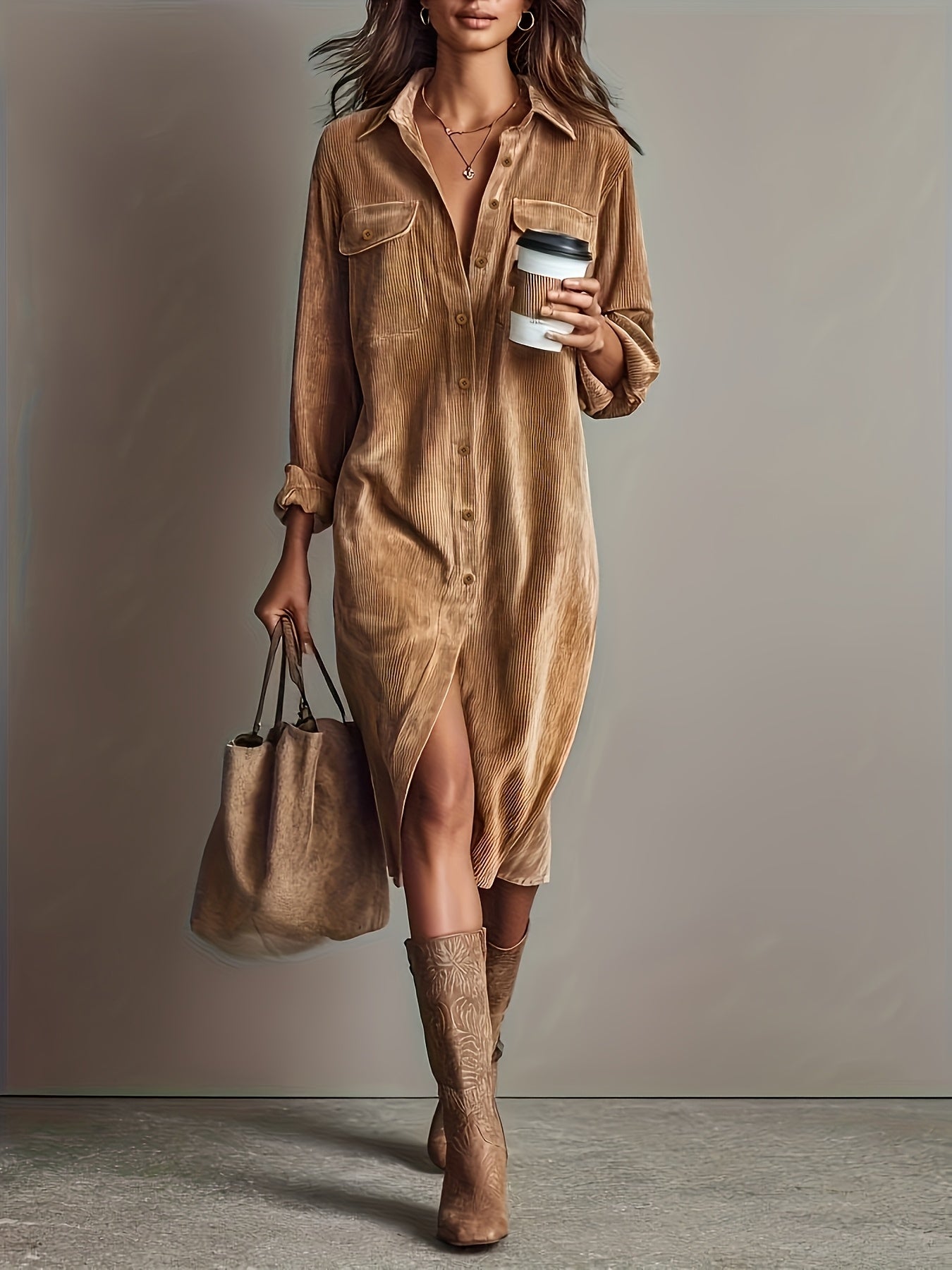 Vinaya | Elegante corduroy shirtjurk voor dames met zakken, casual werkkledingstijl