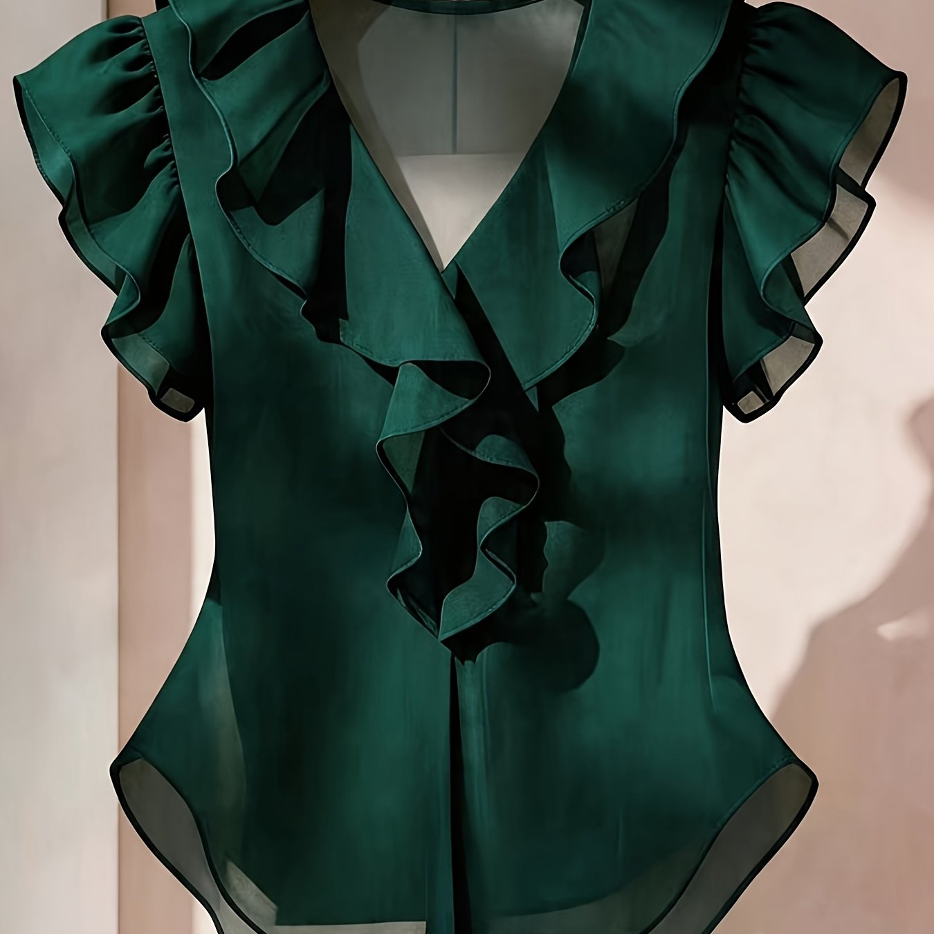 Vaenyra | Damesblouse in Franse stijl van chiffon – effen kleur met ruches en korte mouwen