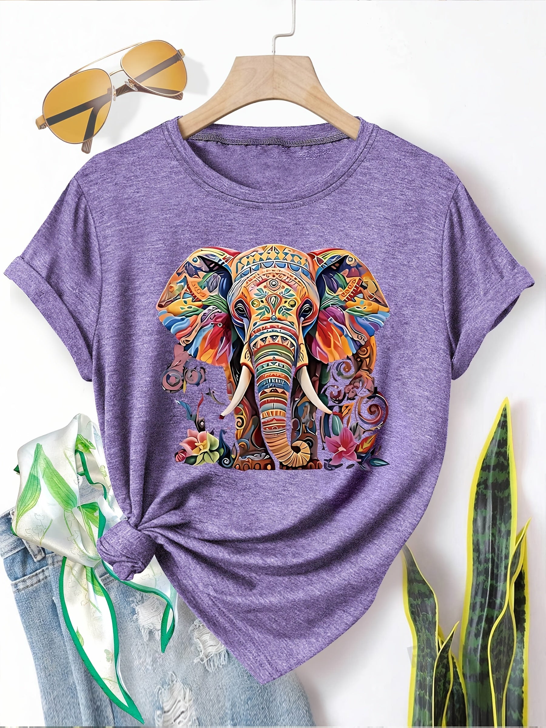 Menya | Dames-T-shirt met olifantenprint – Casual T-shirt in retrostijl met ronde hals en korte mouwen