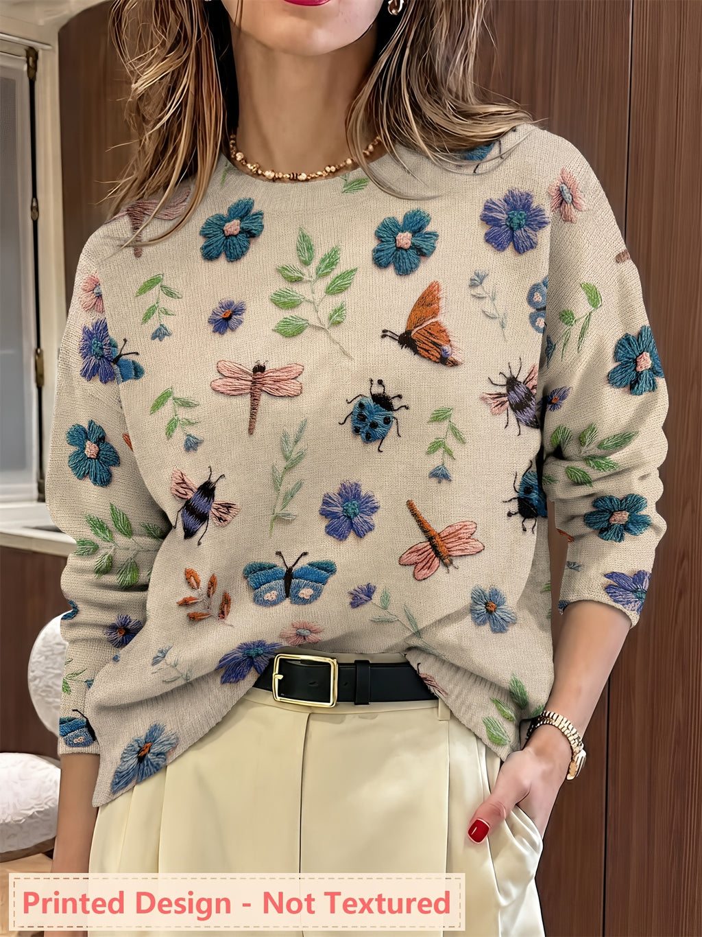 Jessamine | Dames Sweater met All-Over Insecten- en Bloemenprint