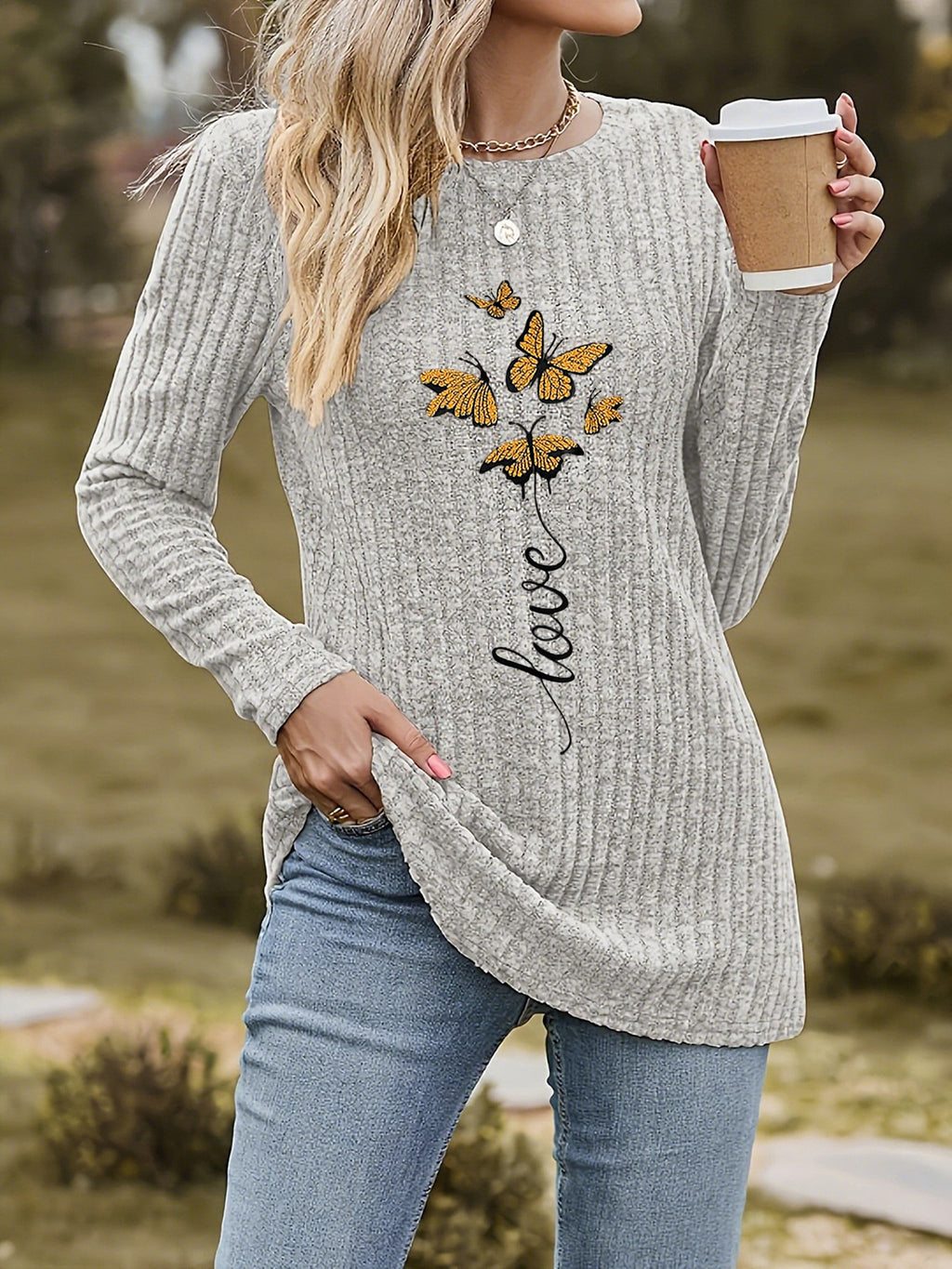 Fayeanne | Elegant T-shirt met vlinderprint voor dames, met lange mouwen, ronde hals, skinny fit en stretch.