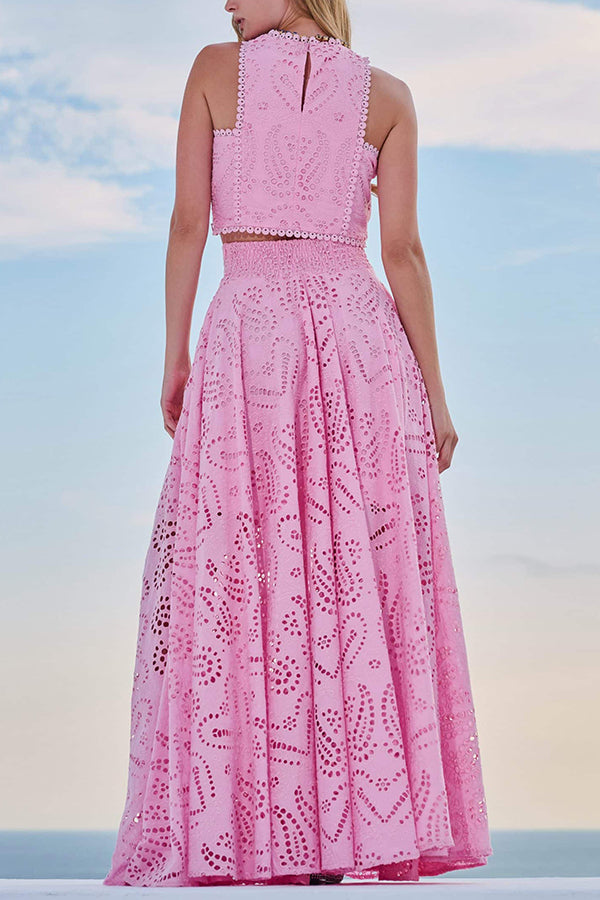 Jexinae | Elegante 2-delige dames set – Mouwloze geborduurde crop top & soepelvallende wijde broek