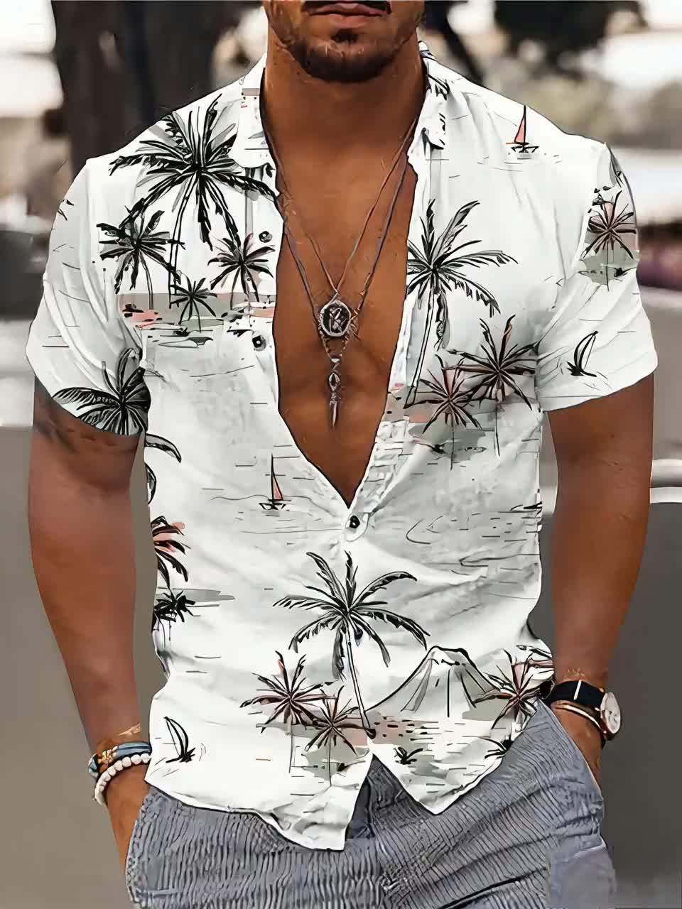 Malron | Heren Hawaiiaans Shirt met Kokospalm Print – Casual Vakantie Strand Zomer Overhemd