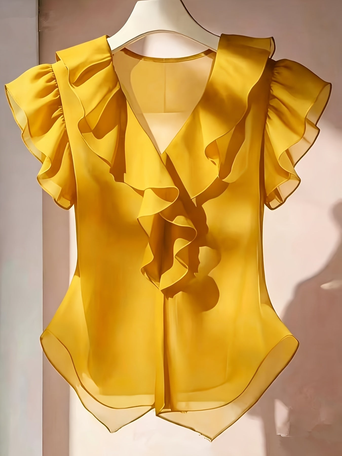 Vaenyra | Damesblouse in Franse stijl van chiffon – effen kleur met ruches en korte mouwen