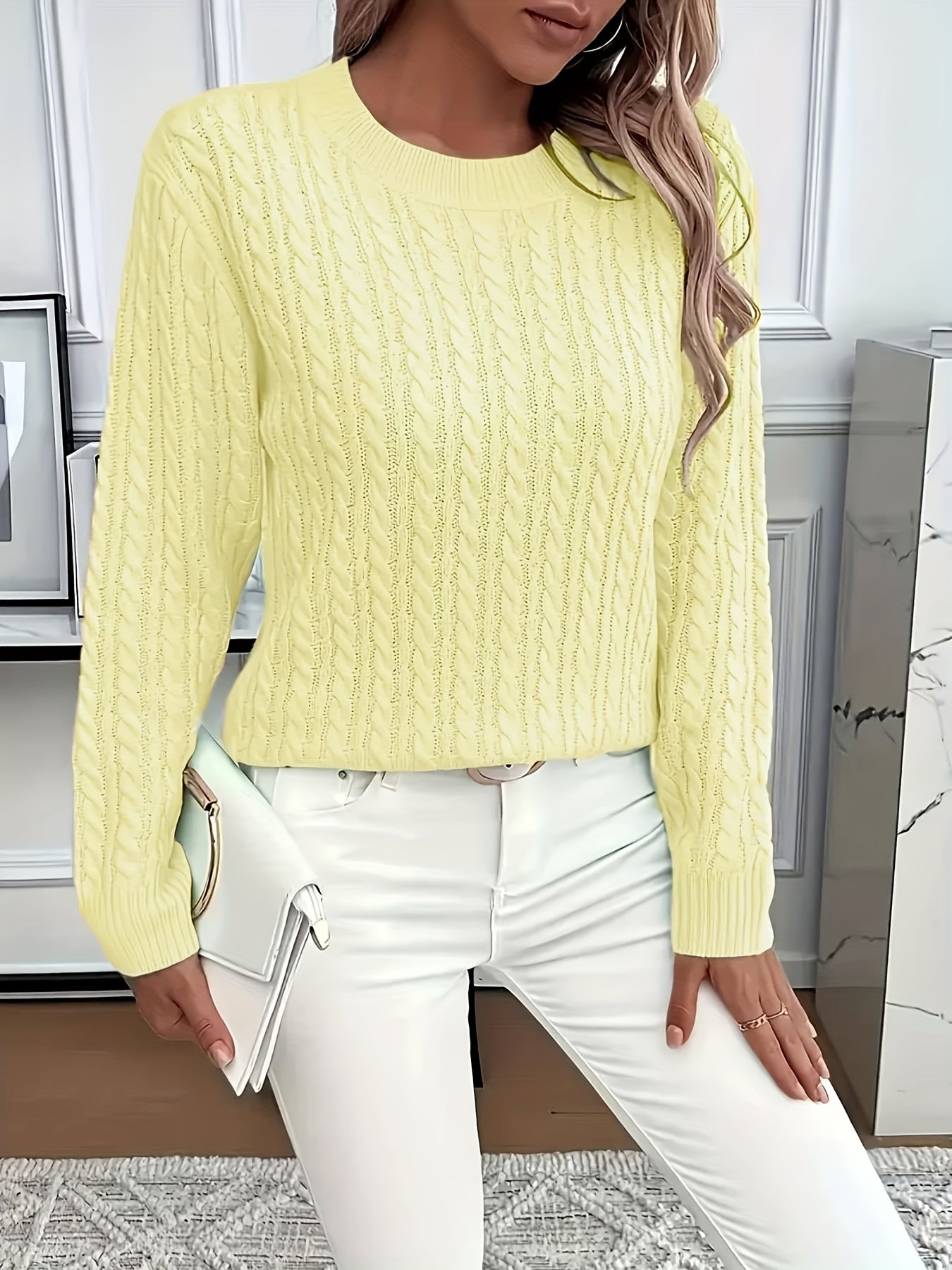 Valeris | Damen-Zopfstrickpullover mit Rundhalsausschnitt – Eleganter, schlichter Pullover, weich und für alle Jahreszeiten geeignet