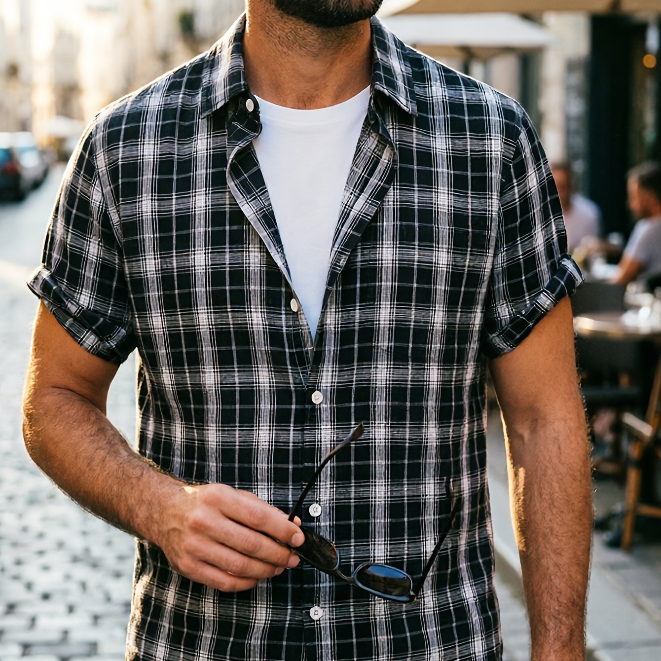 Daros | Herenoverhemd met bubbelpatroon en ruitjesmotief – met korte mouwen en knoopsluiting
