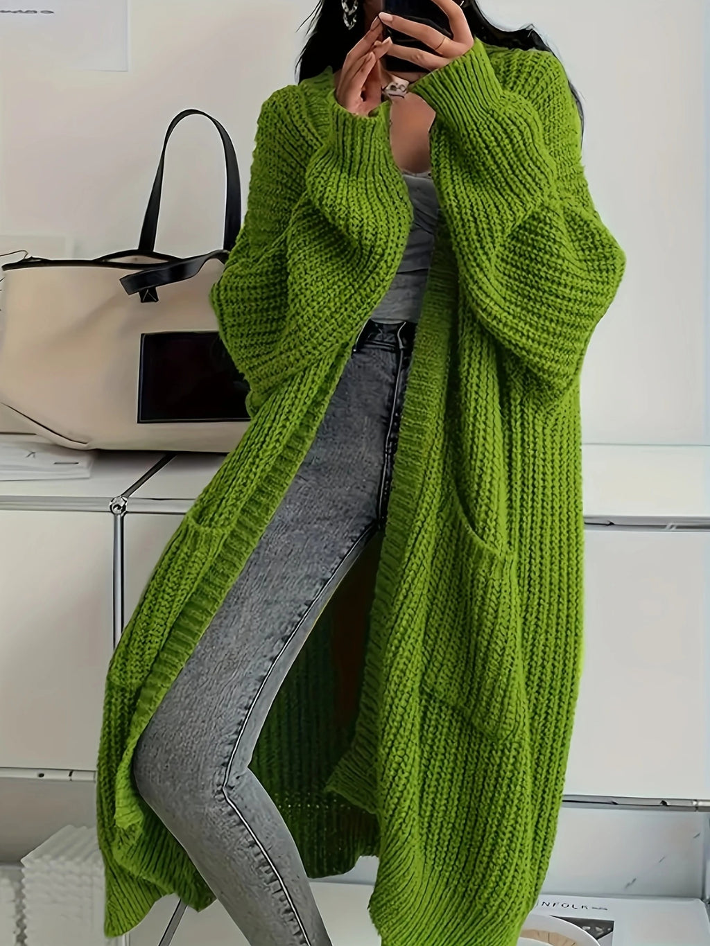Myvessa | Langer Strickcardigan für Damen – offener, Oversize-Schnitt, lässiger Pullover für Herbst und Winter