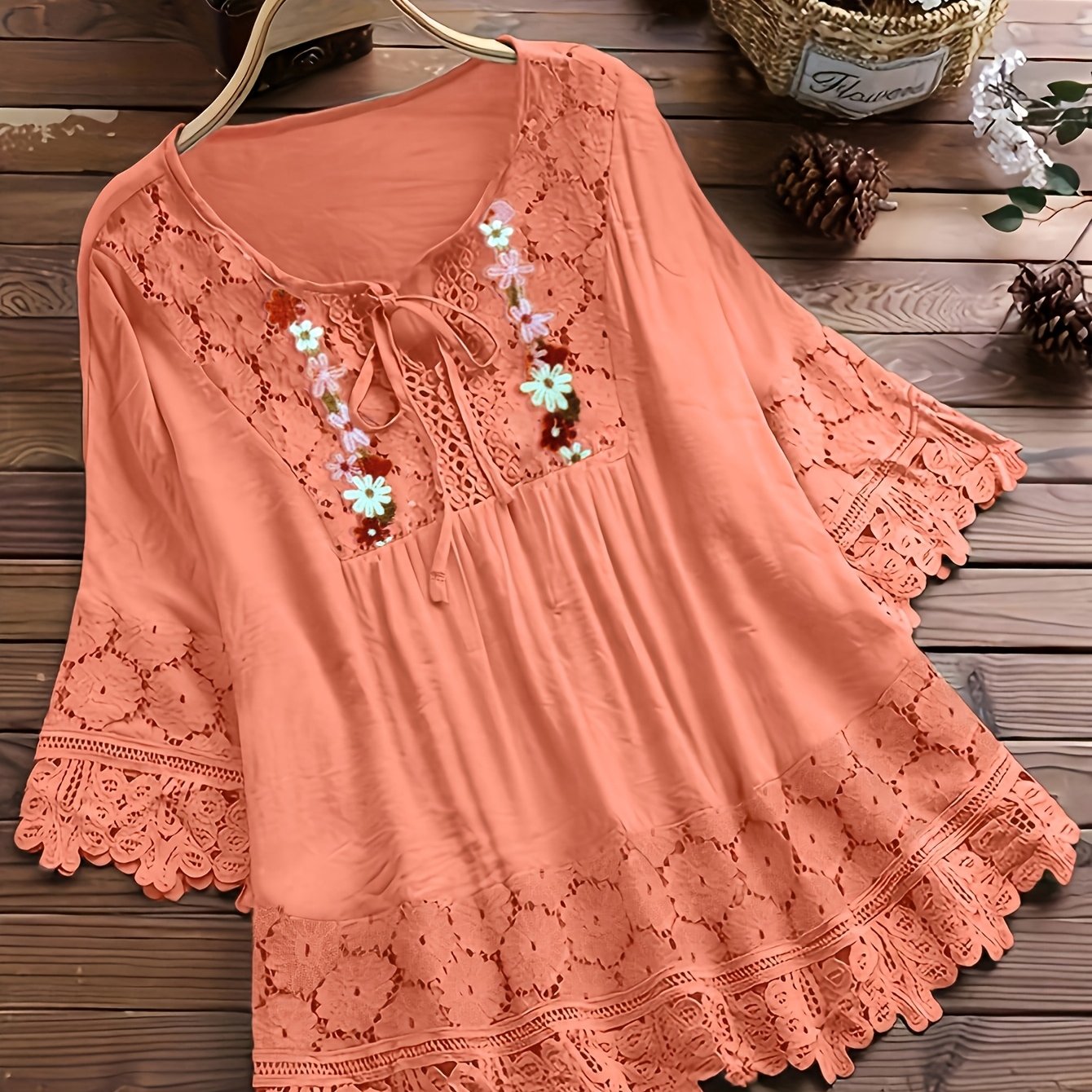 Elarona | Damesblouse met kanten patchwork – Lente/zomer-top met lange mouwen