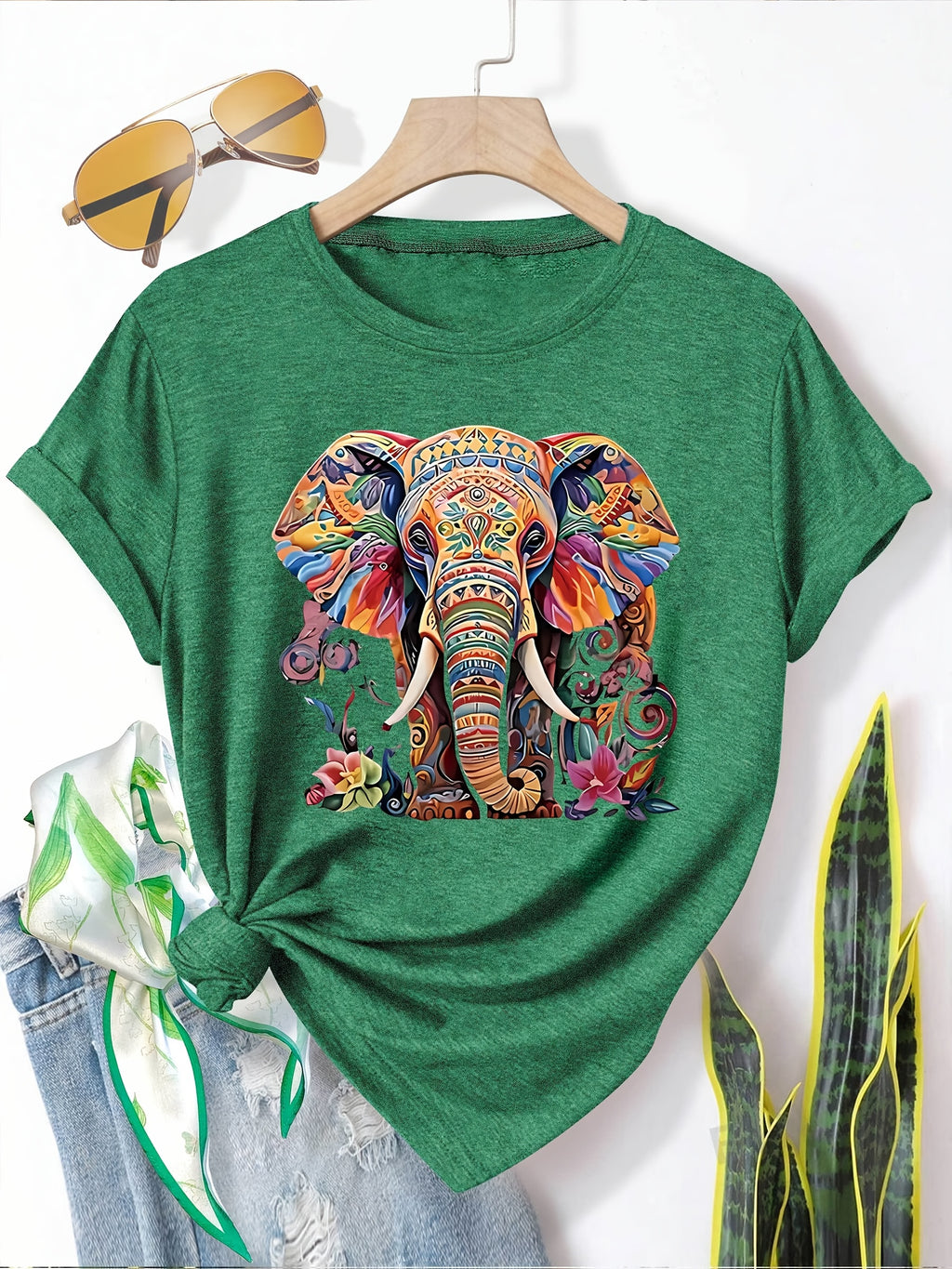 Menya | Dames-T-shirt met olifantenprint – Casual T-shirt in retrostijl met ronde hals en korte mouwen