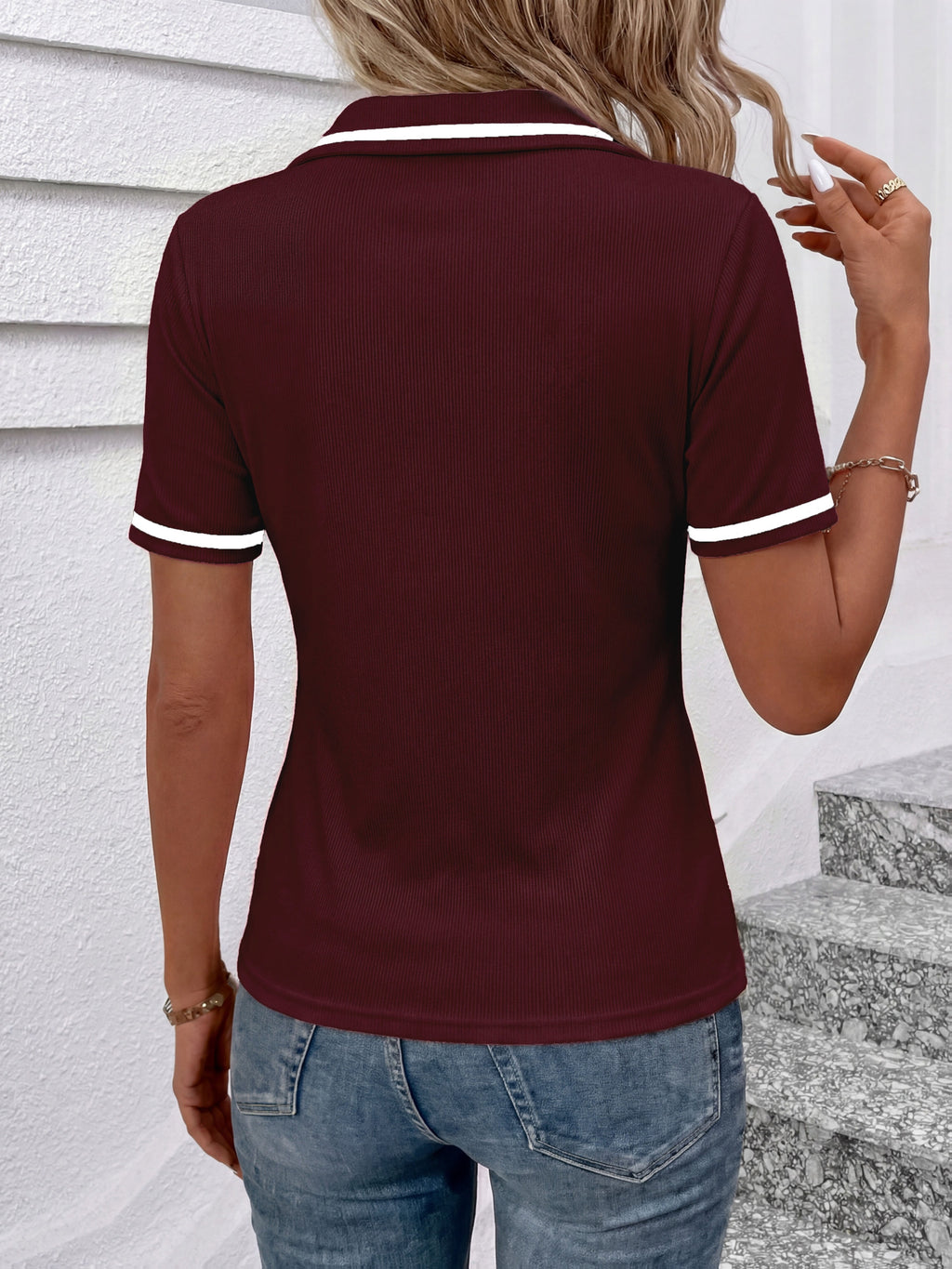 Yza | Geribbeld poloshirt voor dames, korte mouwen, reverskraag, slanke pasvorm