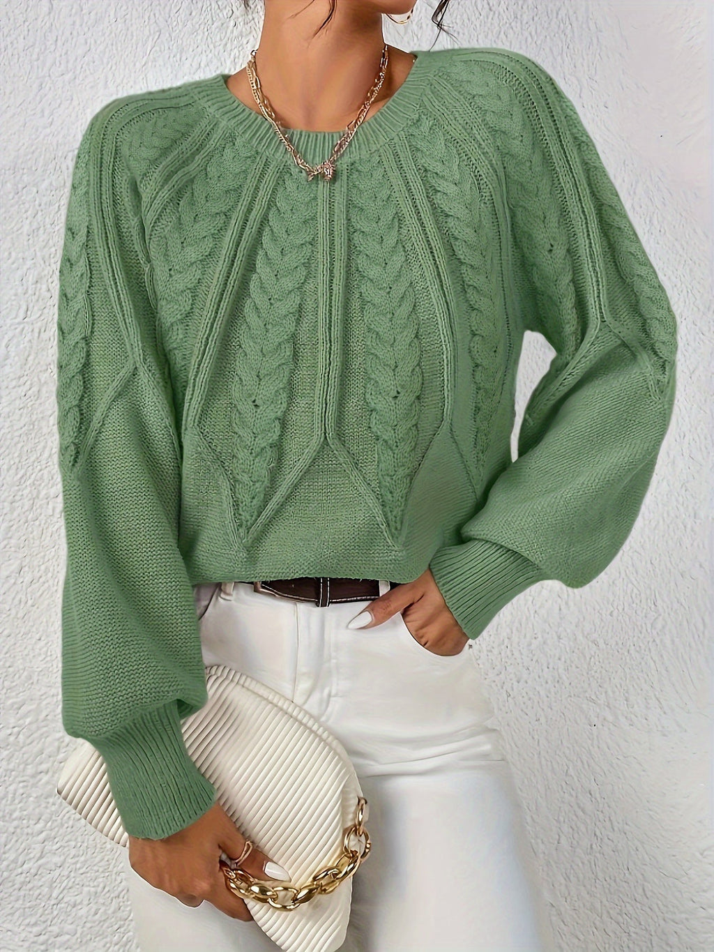 Kalyth | Damen-Zopfstrickpullover mit Laternenärmeln – Elegantes Strickoberteil für Herbst und Winter