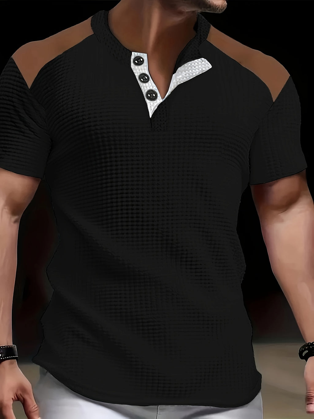 River | Chemise homme en maille gaufrée - Chemise décontractée à manches courtes bicolore